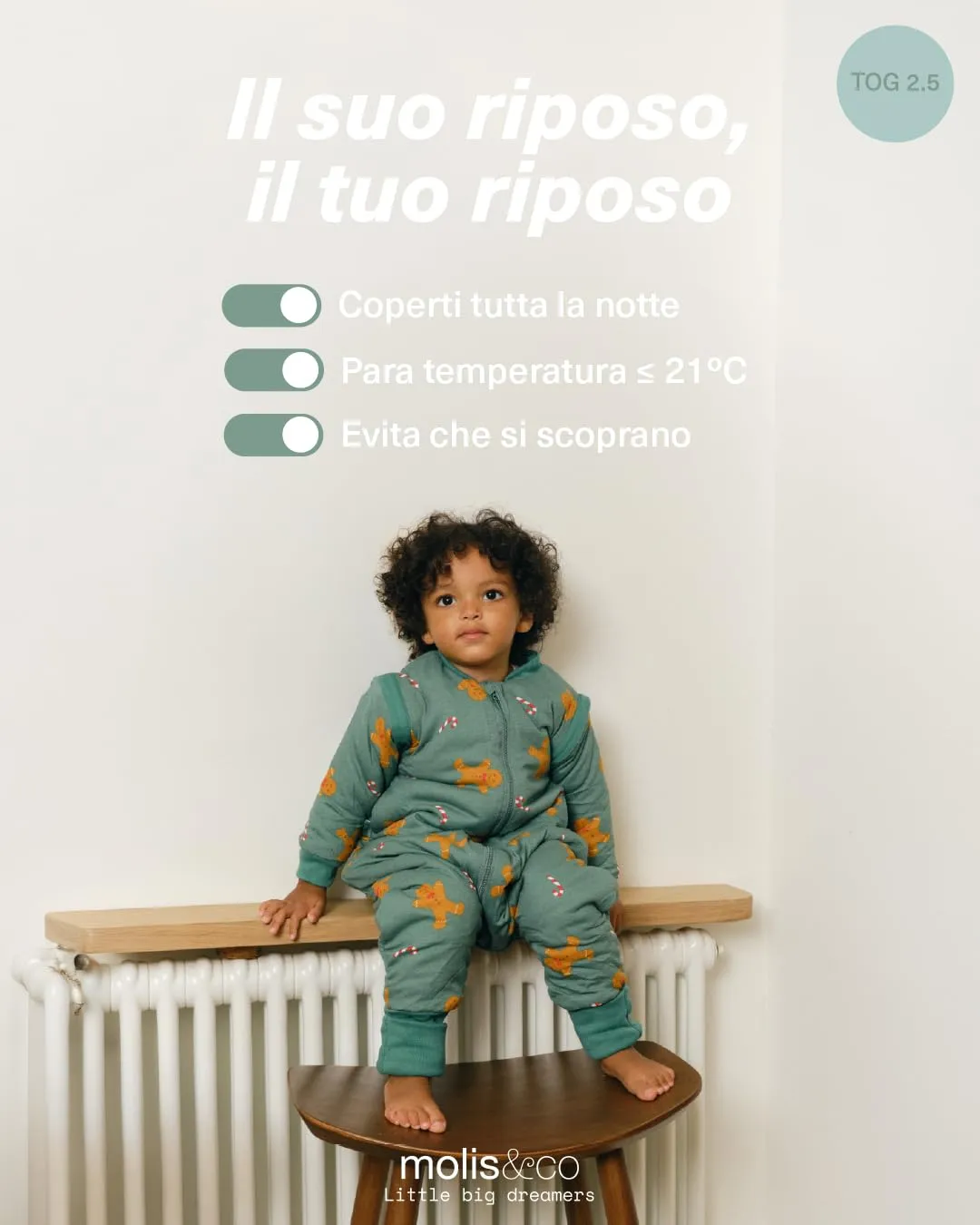 molis & co Pigiama con maniche rimovibili e calzini antiscivolo, TOG 2,5, Stampa Pan di Zenzero, 100% Cotone, 3-6 Mesi - immagine 6