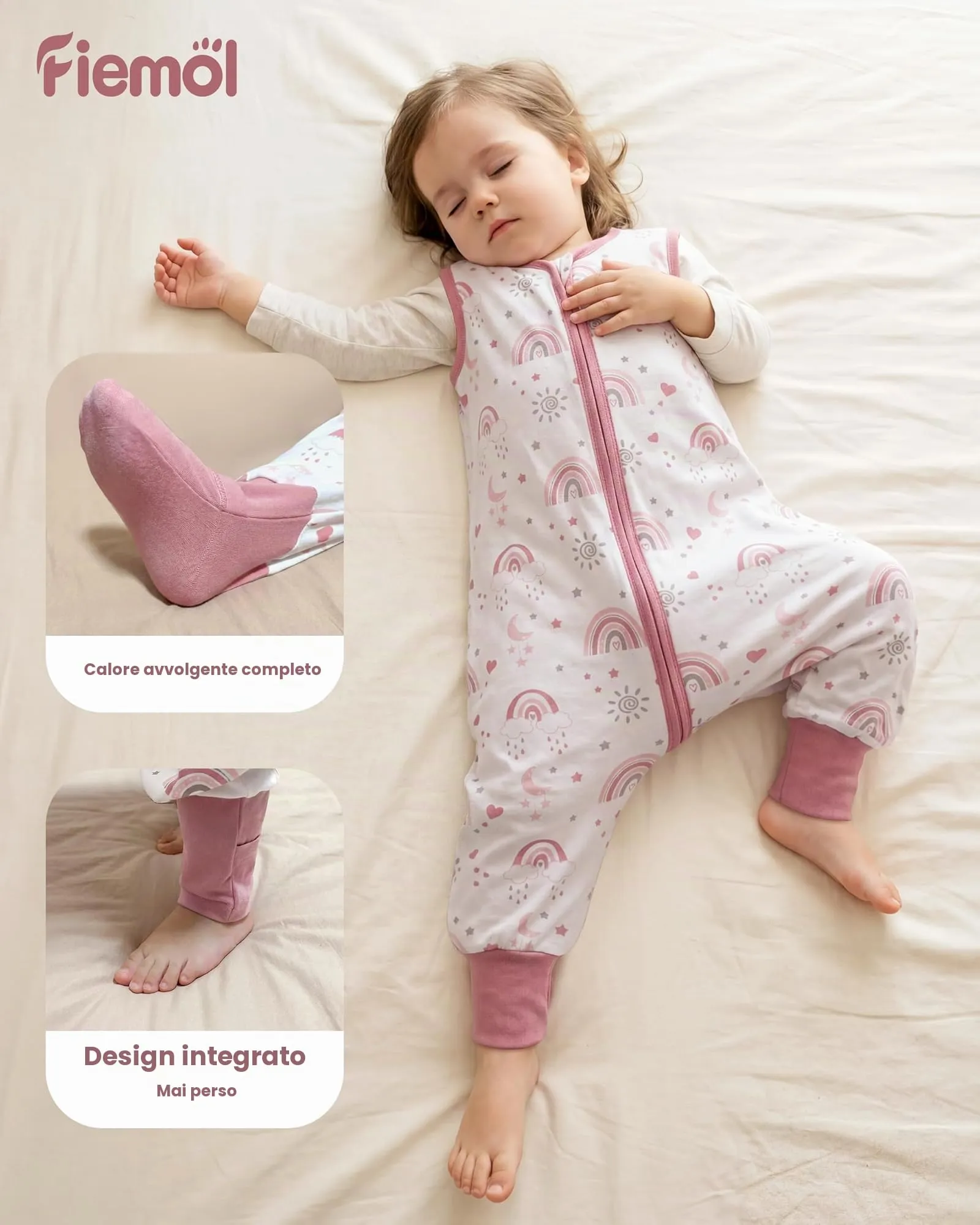 FIEMOL Sacco Nanna con Piedini, 3-4 Anni, TOG 0.5, 100% Cotone, Arcobaleno Rosa - immagine 2