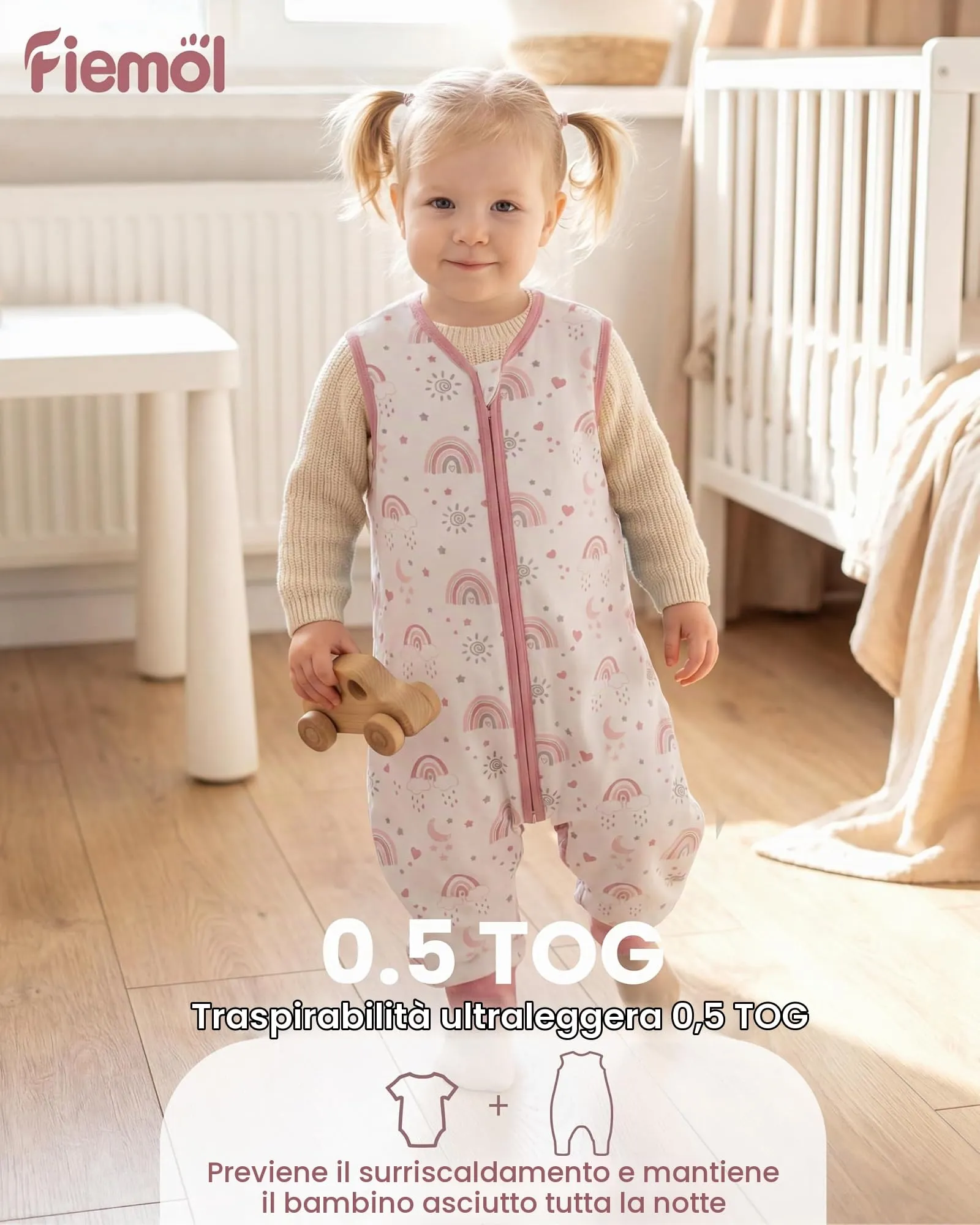 FIEMOL Sacco Nanna con Piedini, 3-4 Anni, TOG 0.5, 100% Cotone, Arcobaleno Rosa - immagine 8