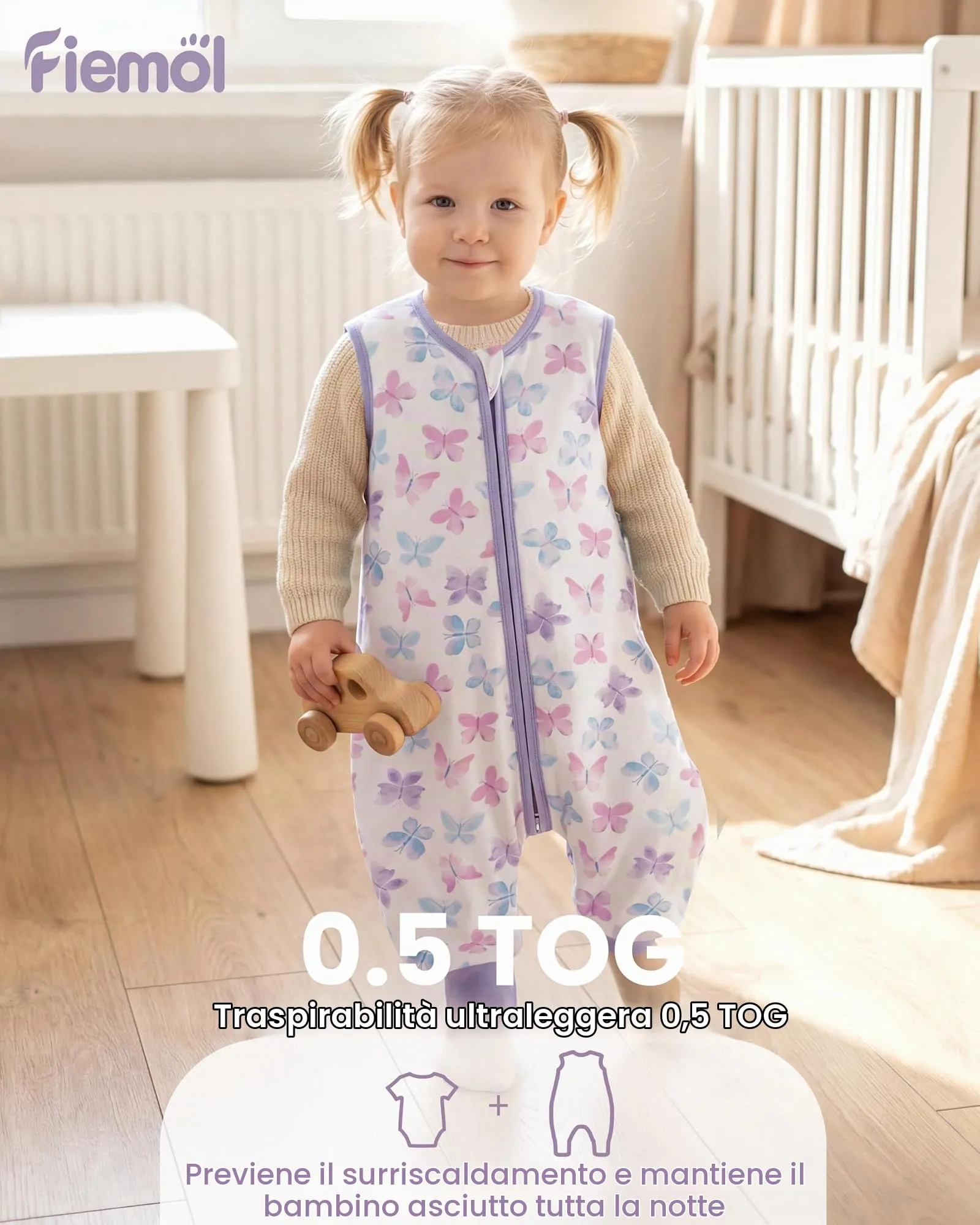 FIEMOL Sacco Nanna con piedini 3-4 Anni Tog 0.5 100% Cotone Farfalla Viola - immagine 8
