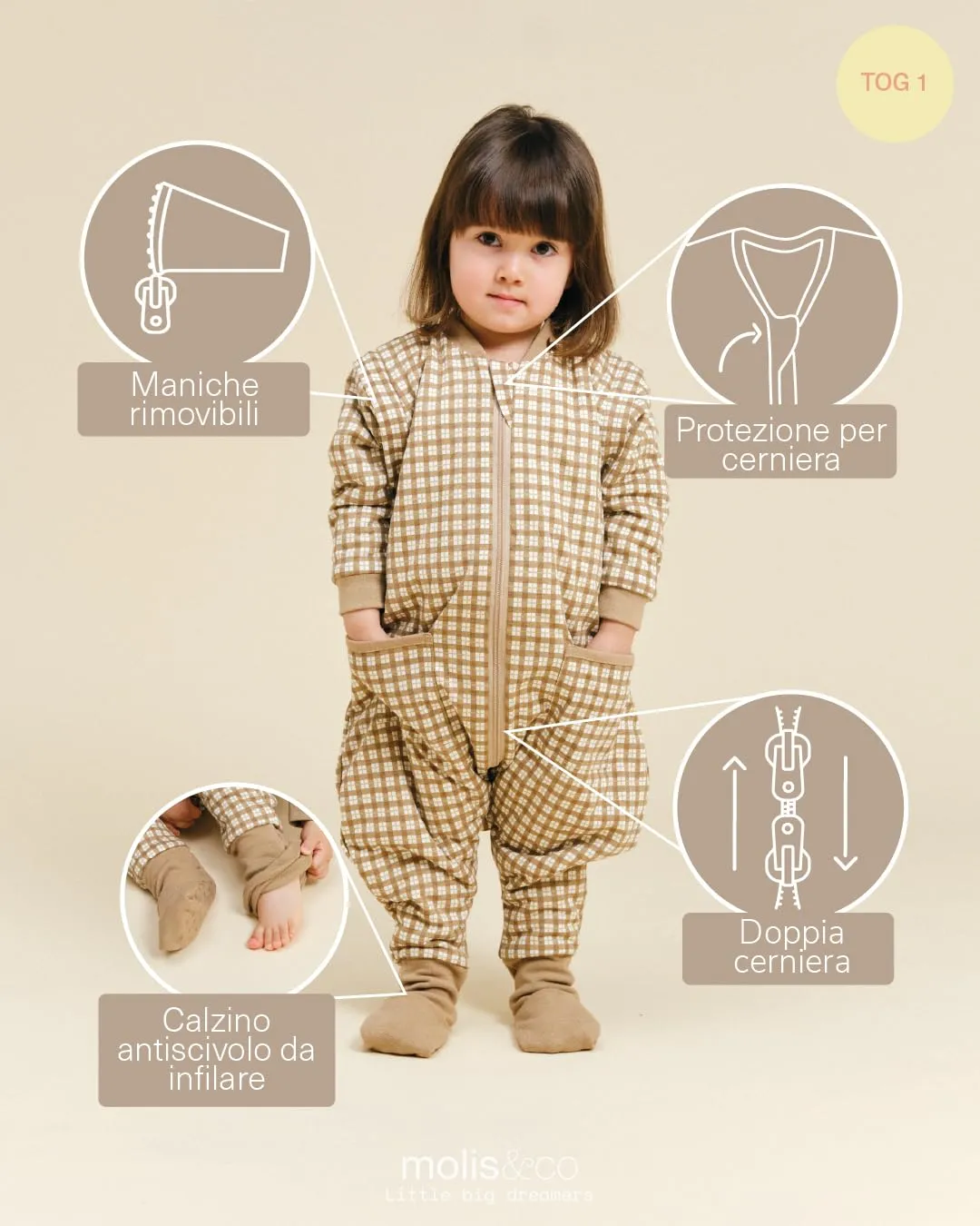 molis & co Sacco Nanna con piedini, maniche staccabili e calzini, 100% Cotone Oeko-Tex, Leggermente Imbotito, Brown Checks (4 anni) - immagine 3