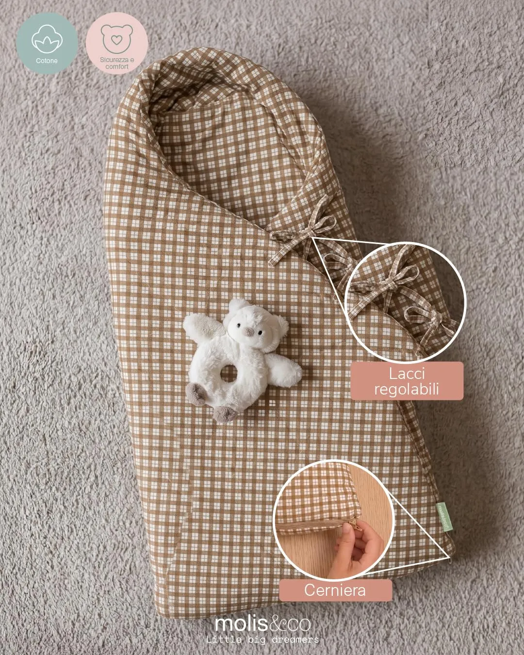 molis&co Sacco Passeggino Universale Invernale, Primavera e Autunno TOG 2.5, 100% Cotone OEKO-TEX 100 (Brown Checks) - immagine 3