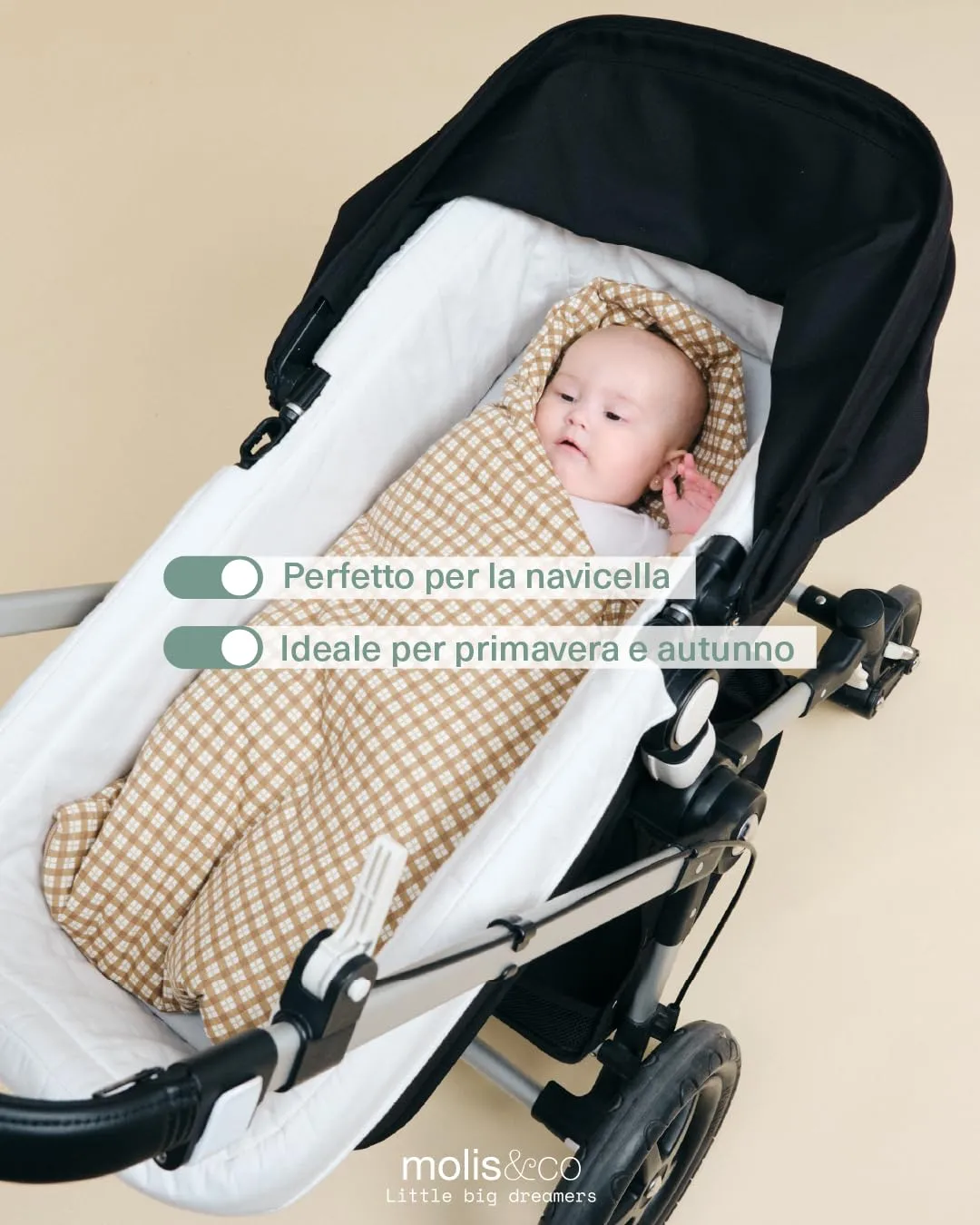molis&co Sacco Passeggino Universale Invernale, Primavera e Autunno TOG 2.5, 100% Cotone OEKO-TEX 100 (Brown Checks) - immagine 4