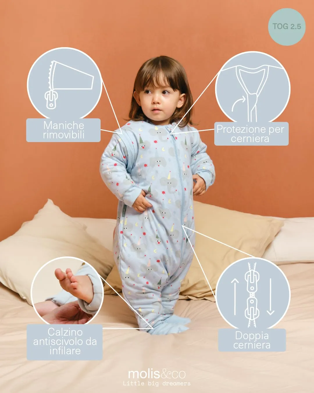 Molis & Co Sacco Nanna per Bambini con Piedini, Maniche e Calzini Rimovibili, 2,5 TOG, 100% Cotone, 60 cm (6 Mesi) - immagine 4