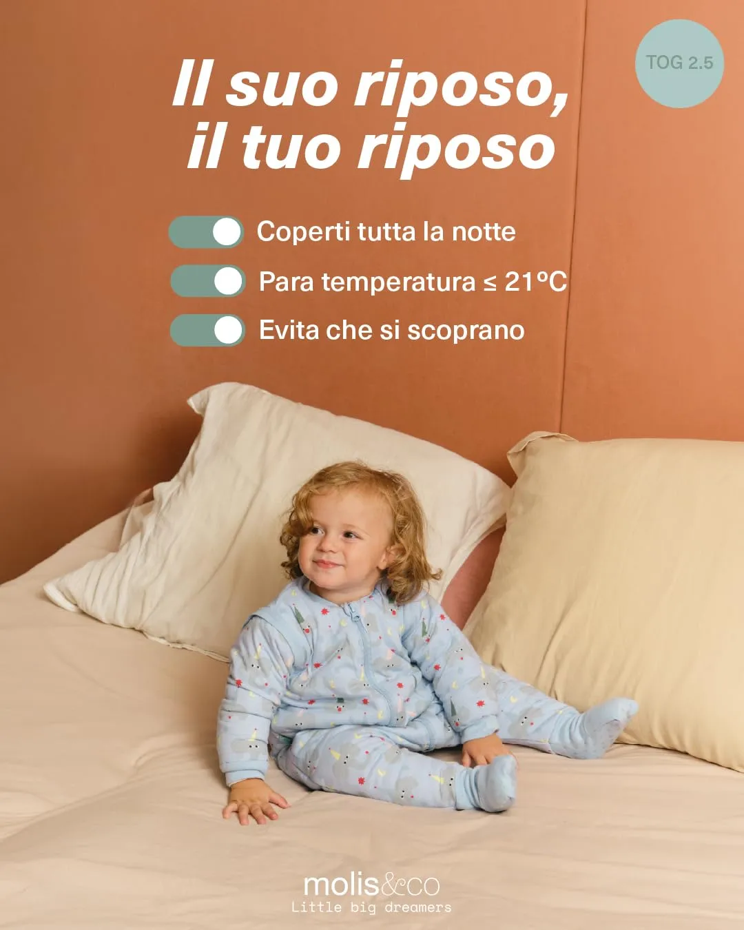 Molis & Co Sacco Nanna per Bambini con Piedini, Maniche e Calzini Rimovibili, 2,5 TOG, 100% Cotone, 60 cm (6 Mesi) - immagine 6