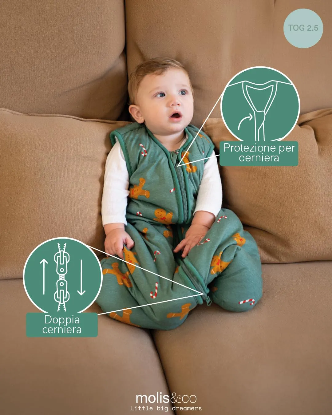 molis & co Sacco nanna per neonati, 2,5 Tog, 100% cotone, Pan di zenzero, 95 cm (18-36 meses) - immagine 3