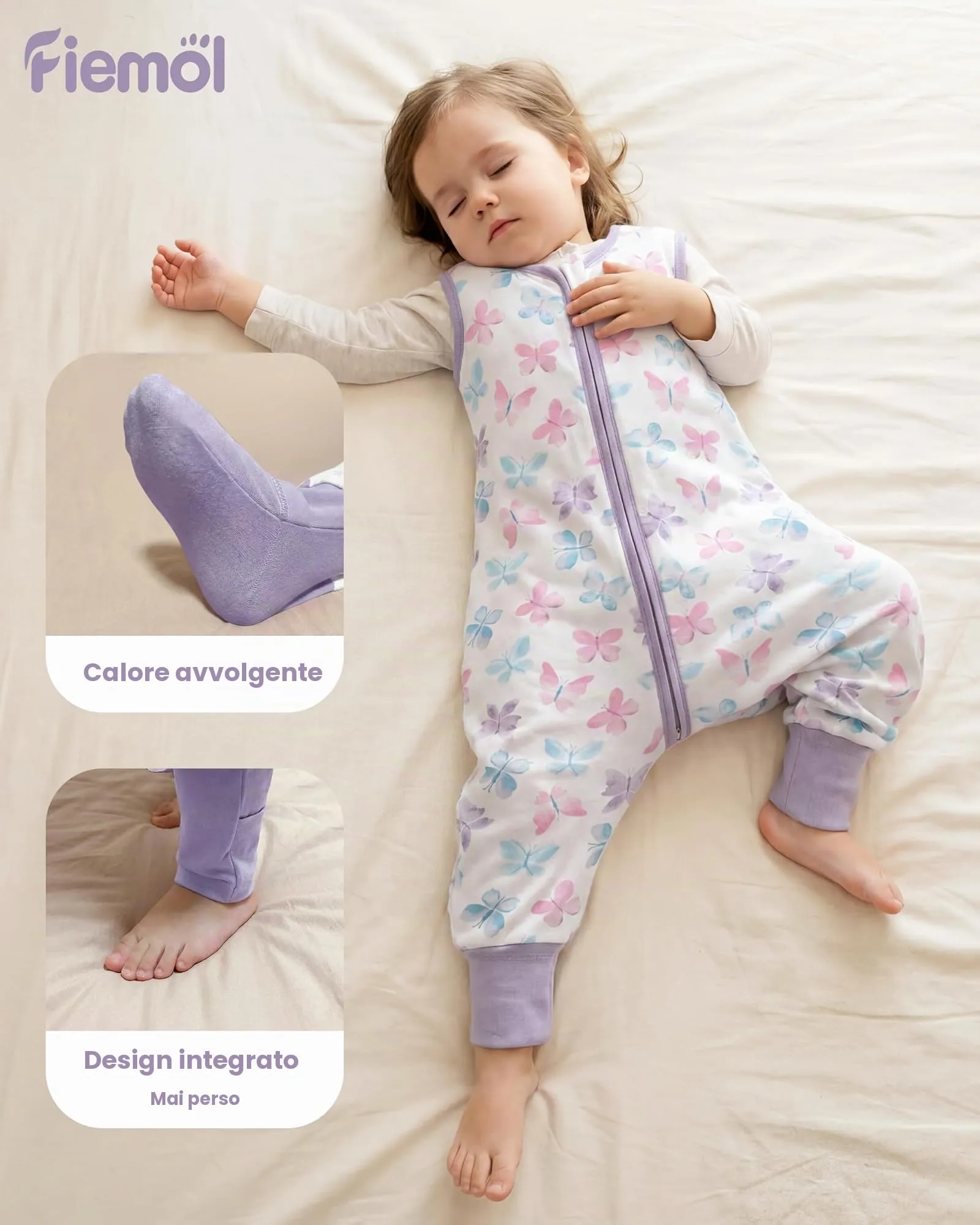 FIEMOL Sacco Nanna con piedini 18-36 Mesi, 0.5 TOG, 100% Cotone, Farfalla Viola - immagine 2
