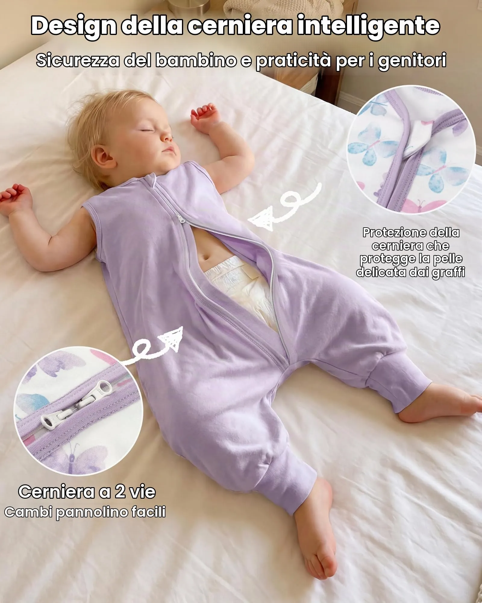 FIEMOL Sacco Nanna con piedini 18-36 Mesi, 0.5 TOG, 100% Cotone, Farfalla Viola - immagine 7