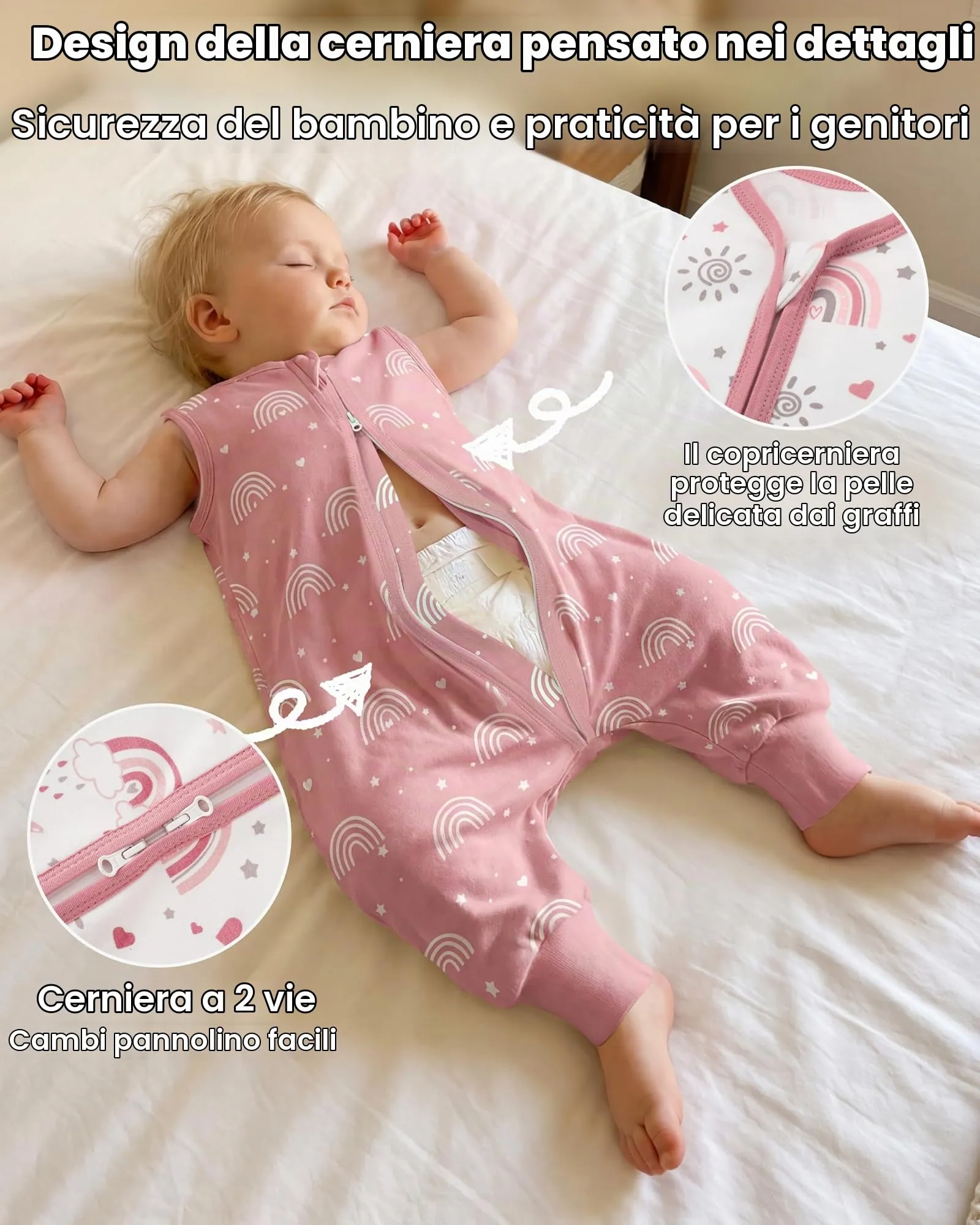 FIEMOL Sacco Nanna con Piedini, 18-36 Mesi, TOG 0.5, 100% Cotone, Arcobaleno Rosa - immagine 7