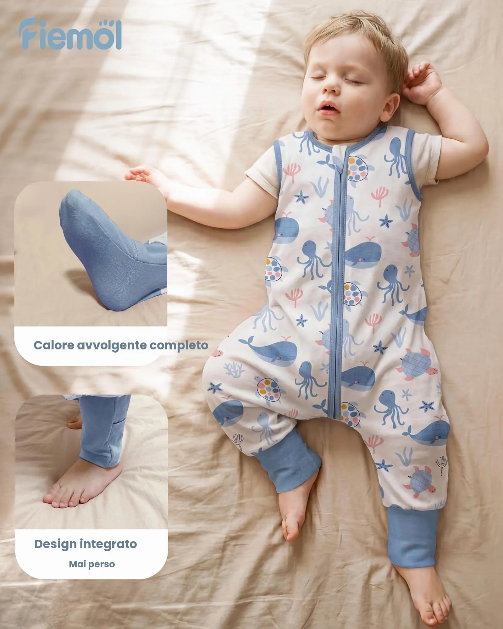 FIEMOL Sacco Nanna con piedini, 3-4 Anni, Tog 0.5, 100% Cotone, Balena Blu - immagine 2