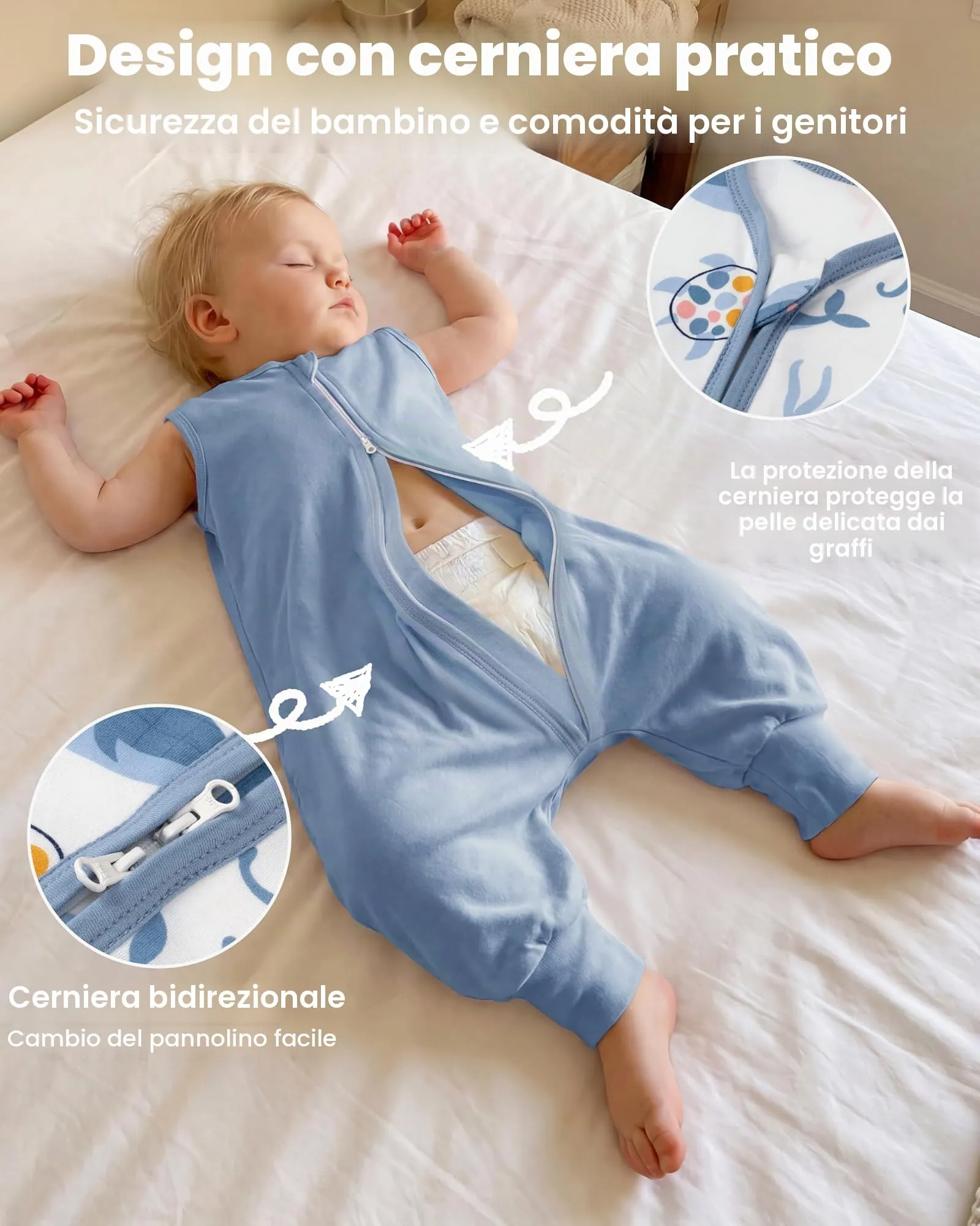 FIEMOL Sacco Nanna con piedini, 3-4 Anni, Tog 0.5, 100% Cotone, Balena Blu - immagine 7
