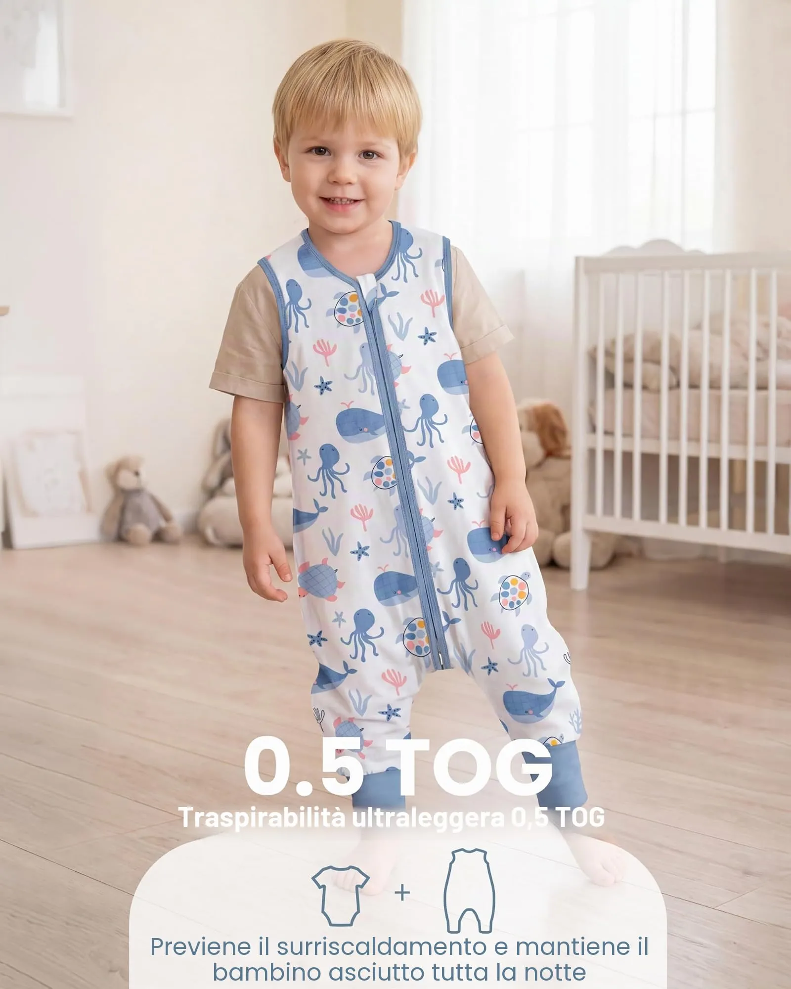 FIEMOL Sacco Nanna con piedini, 3-4 Anni, Tog 0.5, 100% Cotone, Balena Blu - immagine 8