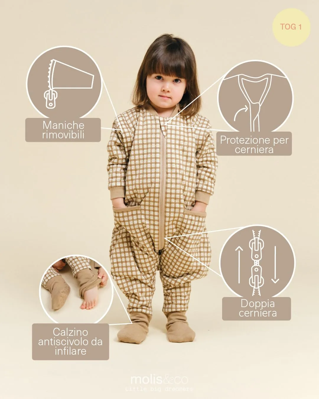 molis & co Sacco Nanna con piedini, maniche staccabili e calzini, Cotone Oeko-Tex, Leggermente Imbotito - Brown Checks (6 anni) - immagine 3