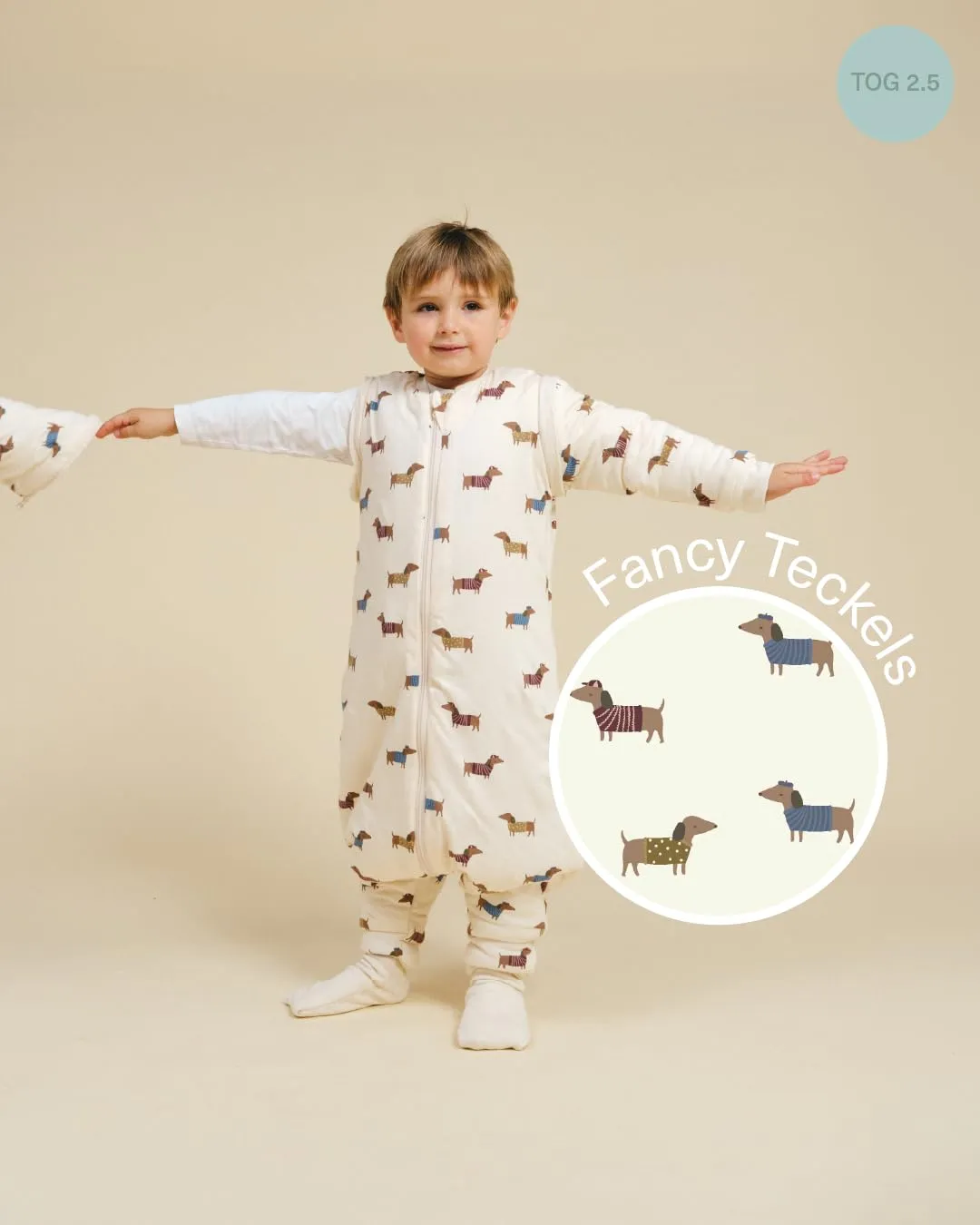 molis&co Sacco Nanna Invernale con Piedini, Maniche Staccabili e Calzini, 2.5 TOG, 100% Cotone Oeko-TEX 100, Fancy Teckel, 6 anni - immagine 4