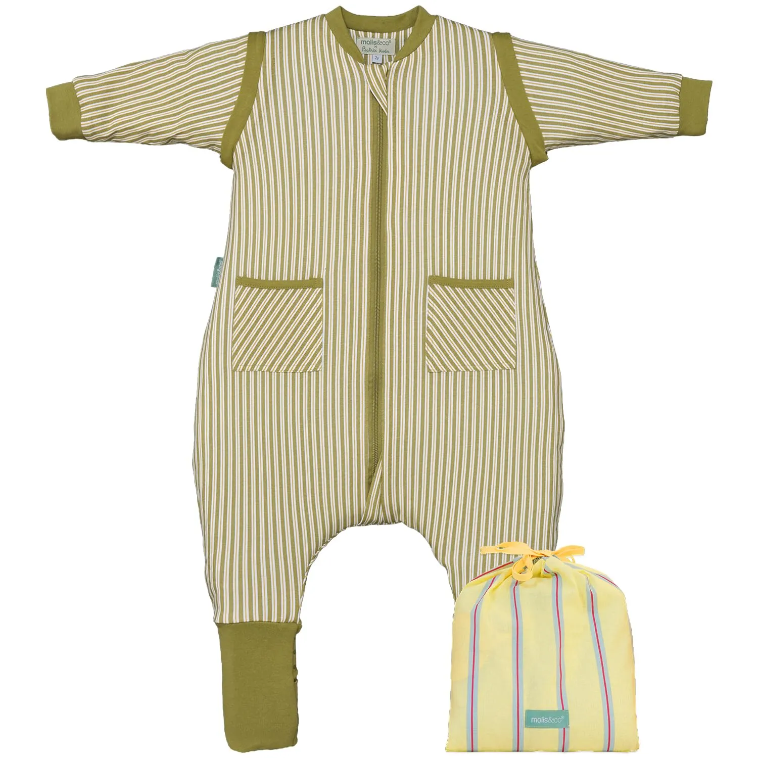 molis & co Sacco Nanna con piedini, maniche staccabili e calzini, 1 TOG, 100% Cotone, Olive Green Stripes, 6 anni - immagine 1