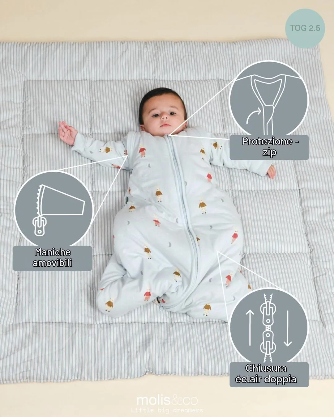molis&co Sacco Nanna con Maniche Staccabili per Neonati e Bambini, 2.5 TOG, 100% Cotone Oeko-TEX 100, Sleepy Bunnies, 0-6 mesi - immagine 3