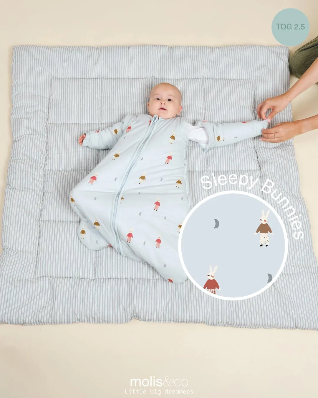 molis&co Sacco Nanna con Maniche Staccabili per Neonati e Bambini, 2.5 TOG, 100% Cotone Oeko-TEX 100, Sleepy Bunnies, 0-6 mesi - immagine 4