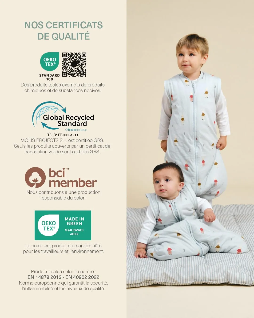 molis&co Sacco Nanna con Maniche Staccabili per Neonati e Bambini, 2.5 TOG, 100% Cotone Oeko-TEX 100, Sleepy Bunnies, 0-6 mesi - immagine 7