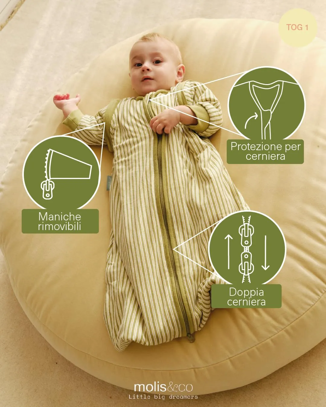 molis & co Sacco Nanna con piedini, maniche staccabili e calzini, 1 TOG, 100% Cotone, Olive Green Stripes, 3 anni - immagine 3