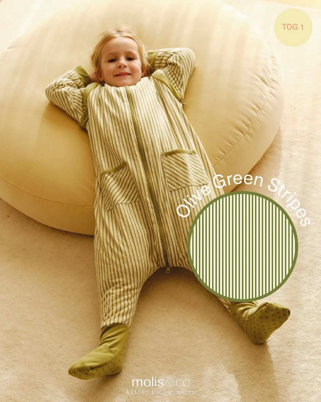 molis & co Sacco Nanna con piedini, maniche staccabili e calzini, 1 TOG, 100% Cotone, Olive Green Stripes, 3 anni - immagine 4