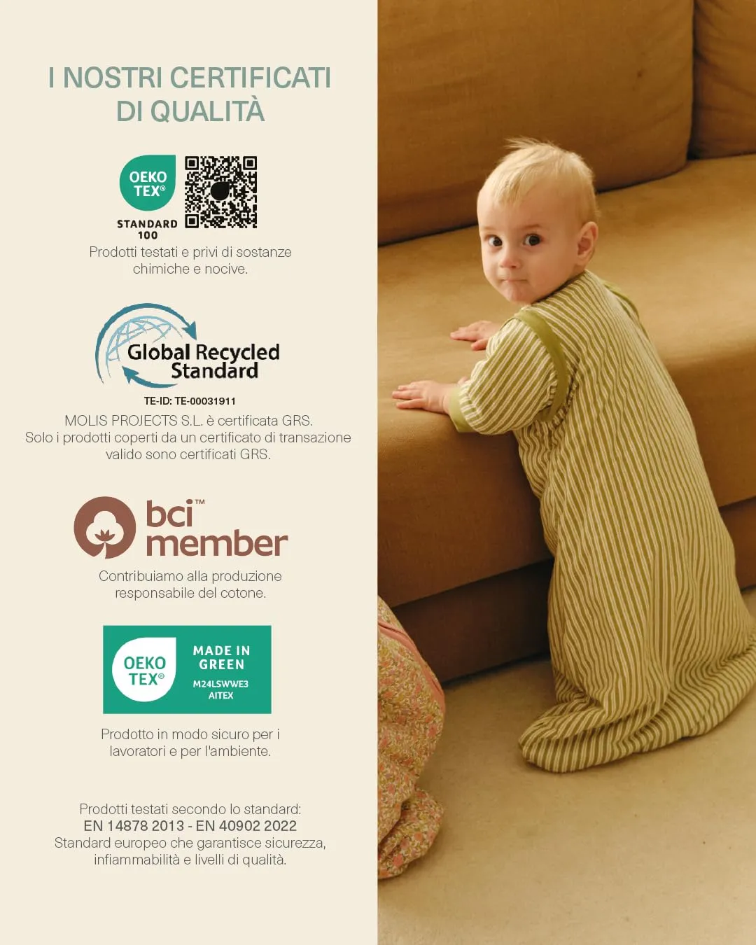 molis & co Sacco Nanna con piedini, maniche staccabili e calzini, 1 TOG, 100% Cotone, Olive Green Stripes, 3 anni - immagine 7