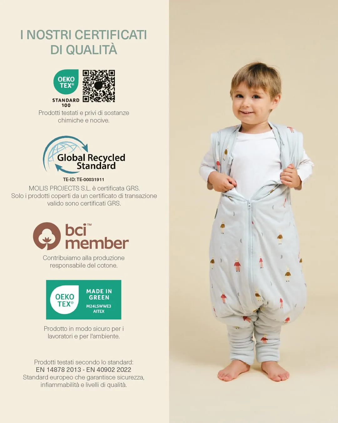 molis&co Sacco Nanna con piedini, maniche staccabili e calzini, 2.5 TOG, 100% Cotone Oeko-TEX 100, Sleepy Bunnies, 4 anni - immagine 7