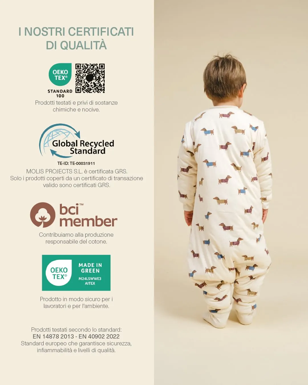 molis & co Sacco Nanna con Piedini, Maniche Staccabili e Calzini, 2.5 TOG, 100% Cotone Oeko-Tex 100, Fancy Teckel, 2 anni - immagine 7