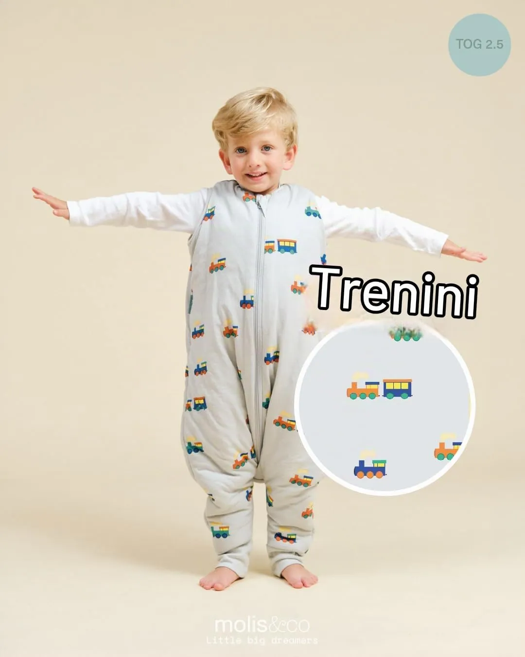 molis & co Sacco Nanna con Piedini Invernale 2.5 TOG 100% Cotone Oeko-Tex 100 Tiny Trains (4 Anni) - immagine 4