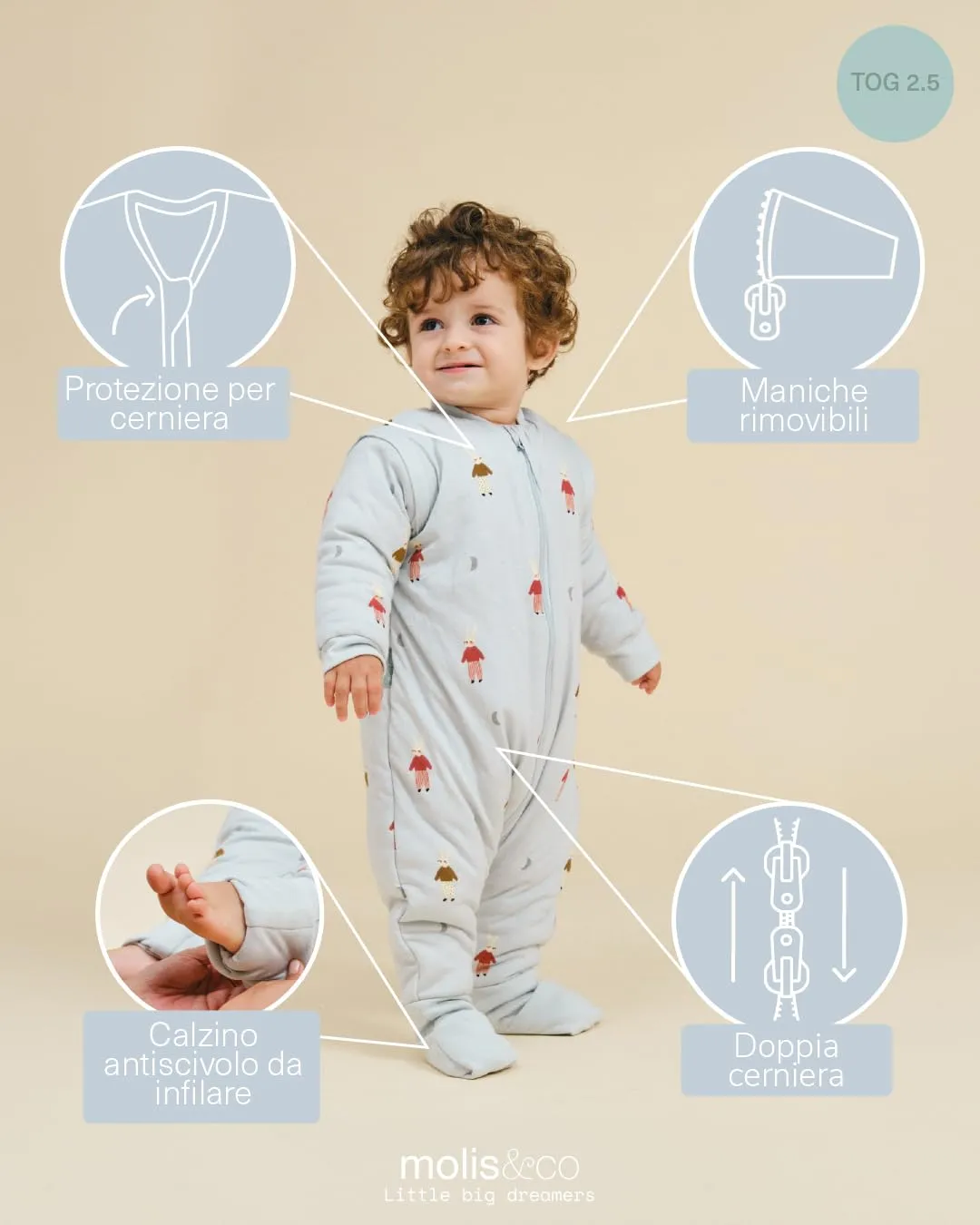 molis & co Sacco Nanna invernale con piedini, maniche staccabili e calzini, 2.5 TOG, 100% Cotone Oeko-TEX 100, Sleepy Bunnies, 6 mesi - immagine 3
