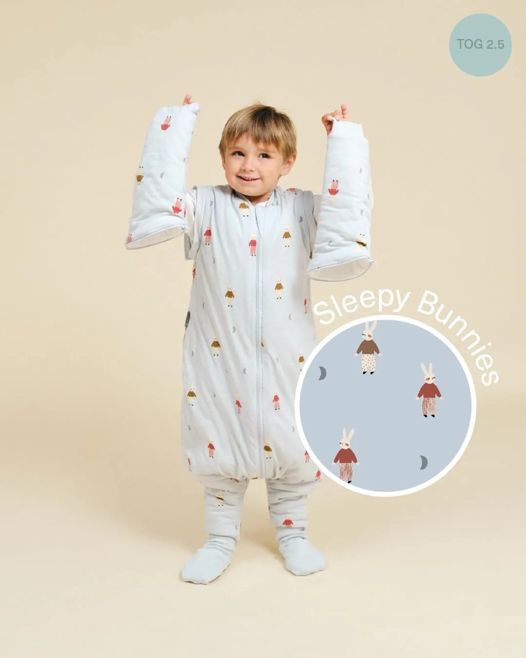 molis&co Sacco Nanna Sleepy Bunnies, 2.5 TOG con piedini, maniche staccabili e calzini, 100% Cotone Oeko-TEX 100, 1 anno - immagine 4