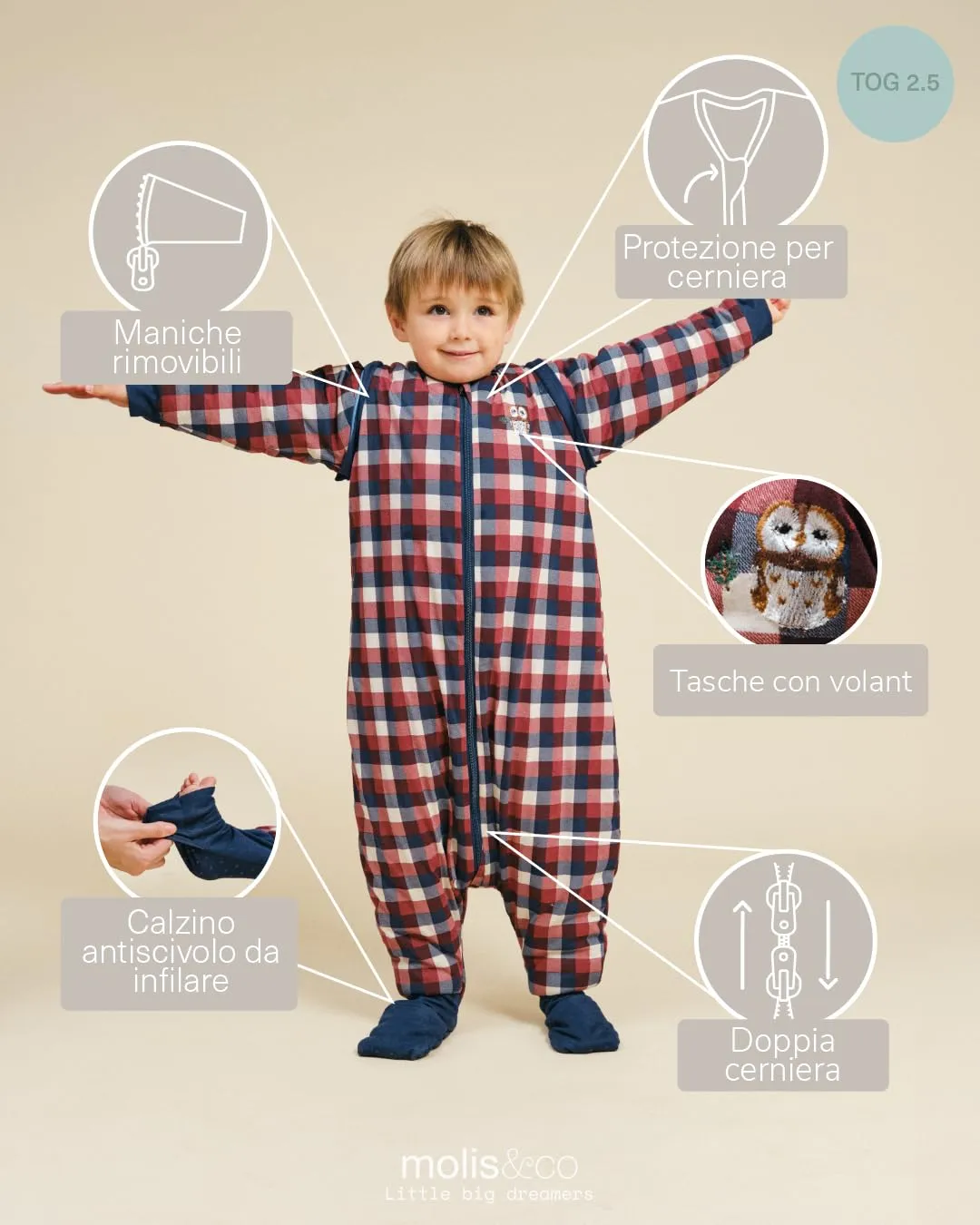molis&co Sacco Nanna con piedini, maniche staccabili e calzini, 2.5 TOG, 100% Cotone Oeko-TEX 100, Vichy Red & Blue, 1 anno - immagine 3