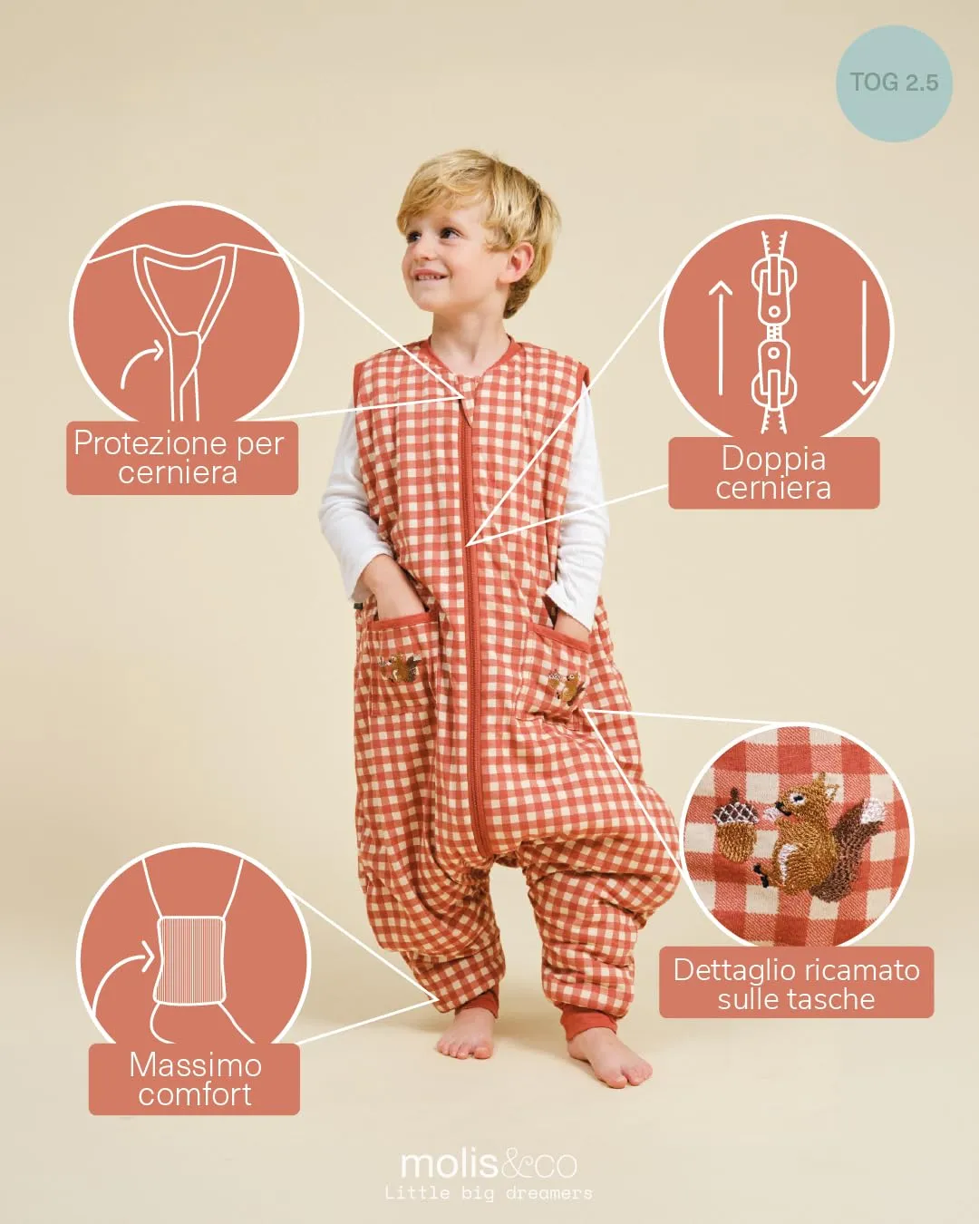molis & co Sacco Nanna con Piedini Invernale 2.5 TOG, 100% Cotone Oeko-Tex 100, Vichy Clay, 1 Anno - immagine 3
