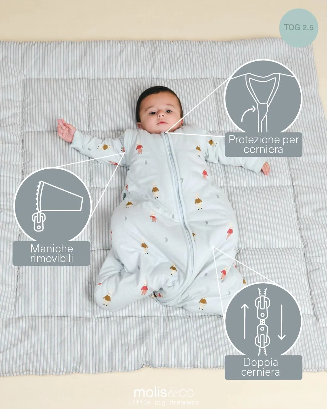 molis & co Sacco Nanna con Maniche Staccabili 2.5 TOG, 100% Cotone Oeko-TEX 100, Sleepy Bunnies, 12-18 mesi - immagine 3