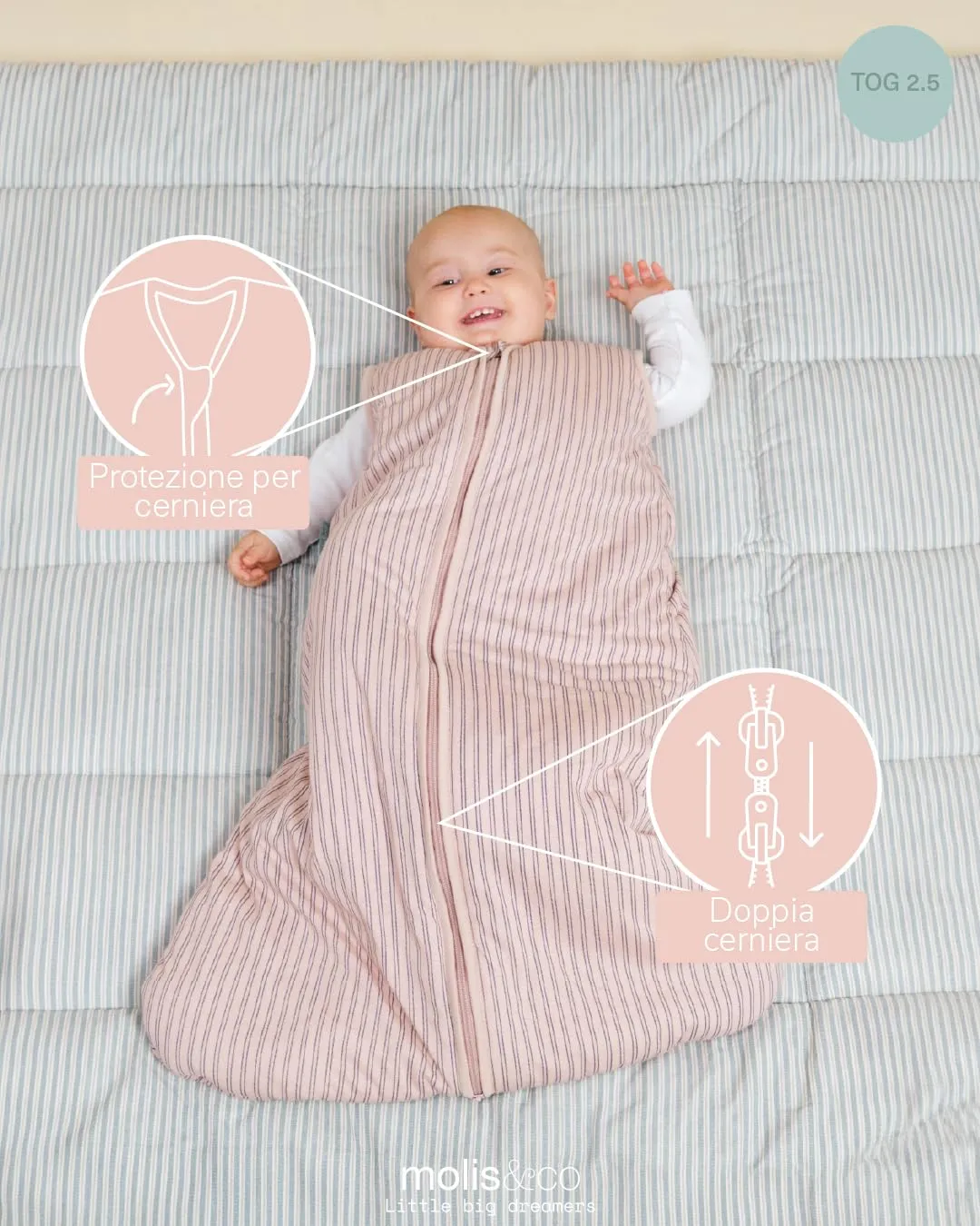 molis & co Sacco Nanna Invernale per Neonati e Bambini, 2.5 tog, 100% Cotone Oeko-TEX 100, Navy & Pink Stripes, 18-36 mesi - immagine 3