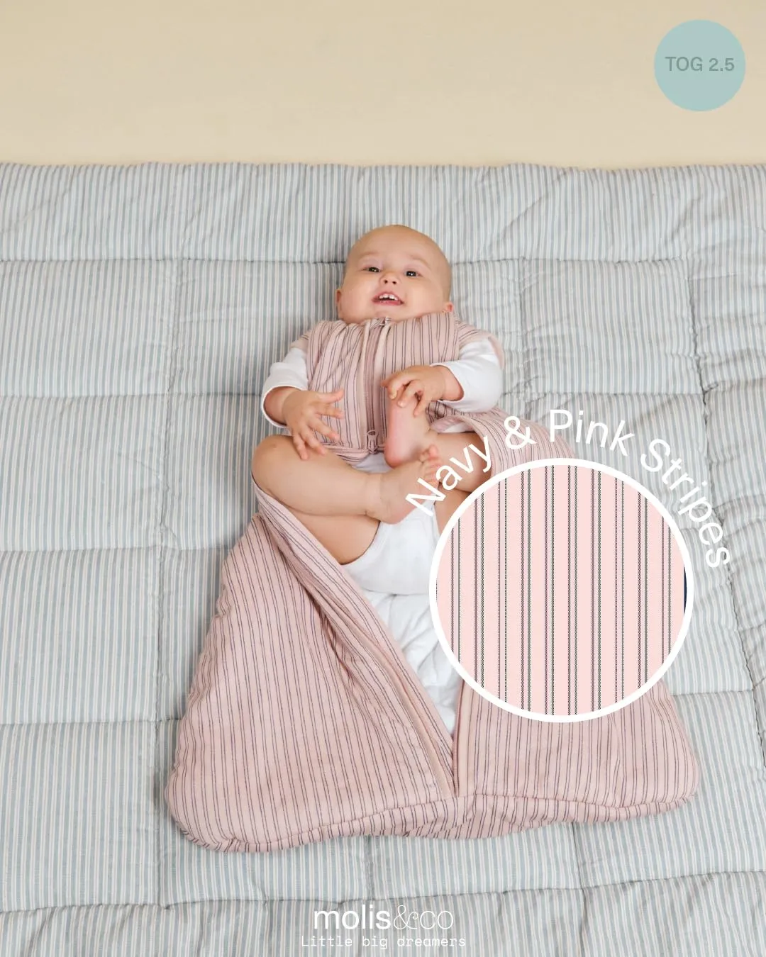 molis & co Sacco Nanna Invernale per Neonati e Bambini, 2.5 tog, 100% Cotone Oeko-TEX 100, Navy & Pink Stripes, 18-36 mesi - immagine 4