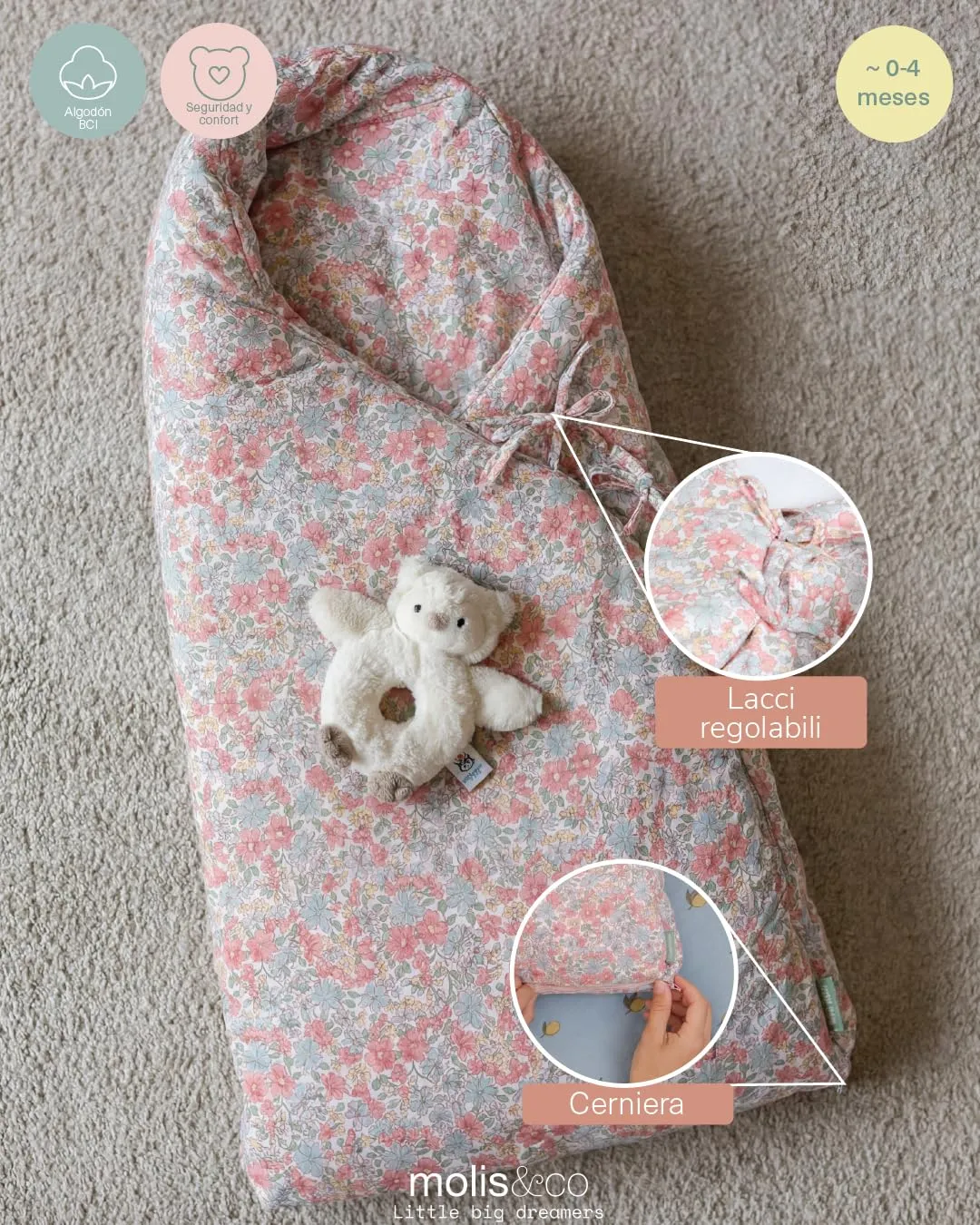 molis&co Sacco Passeggino Universale Primavera e Autunno TOG 2.5, 100% Cotone OEKO-TEX 100 - Summer Bloom - immagine 3