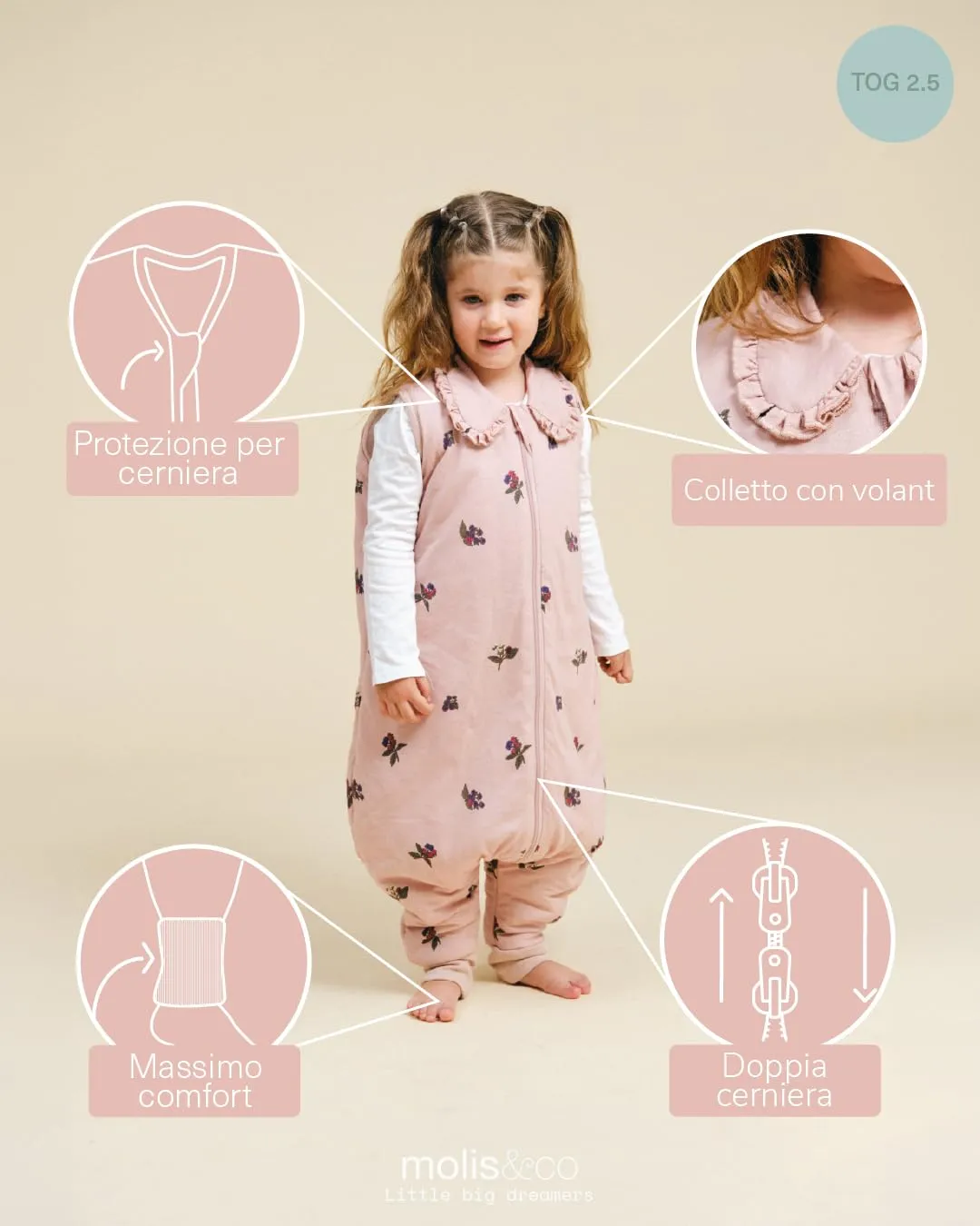 molis & co Sacco Nanna con Piedini Invernale 2.5 tog, 100% Cotone Oeko-Tex 100, Winter Flowers (1 Anno) - immagine 3