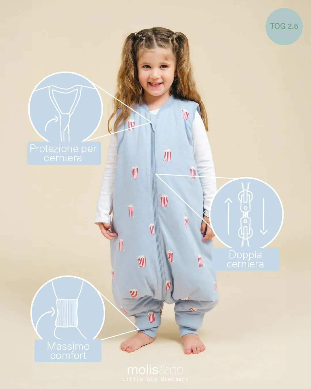 molis & co Sacco Nanna con Piedini Invernale 2.5 tog, 100% Cotone Oeko-Tex 100, Popcorn, 1 Anno - immagine 3