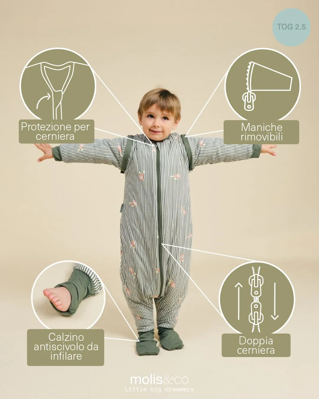 molis & co Sacco Nanna con piedini, maniche staccabili e calzini, 2.5 TOG, 100% Cotone Oeko-TEX 100, Tennis, 2 anni - immagine 3