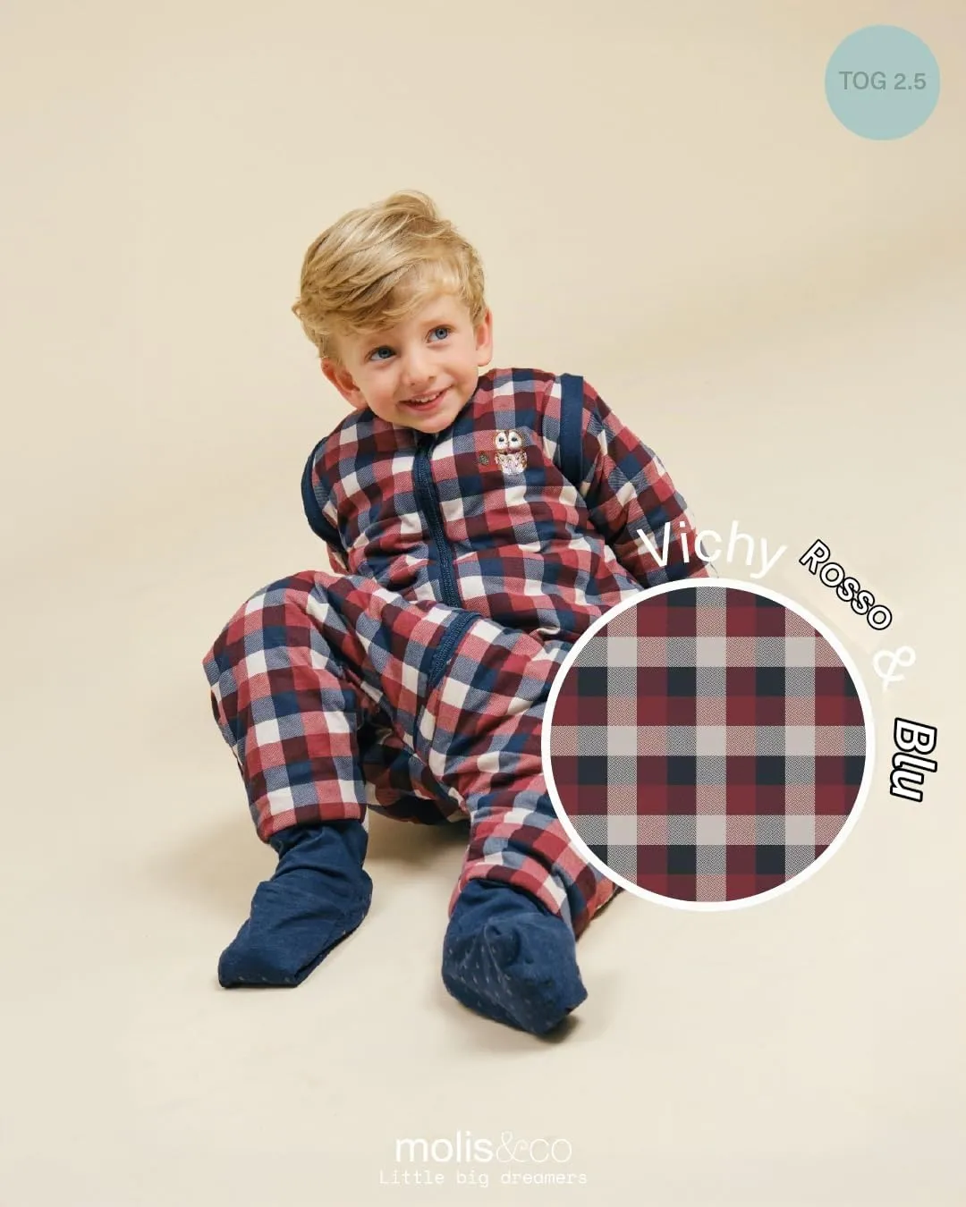 molis&co Sacco Nanna con piedini, maniche staccabili e calzini, 2.5 TOG, 100% Cotone Oeko-TEX 100 (Vichy Red & Blue, 6 mesi) - immagine 4