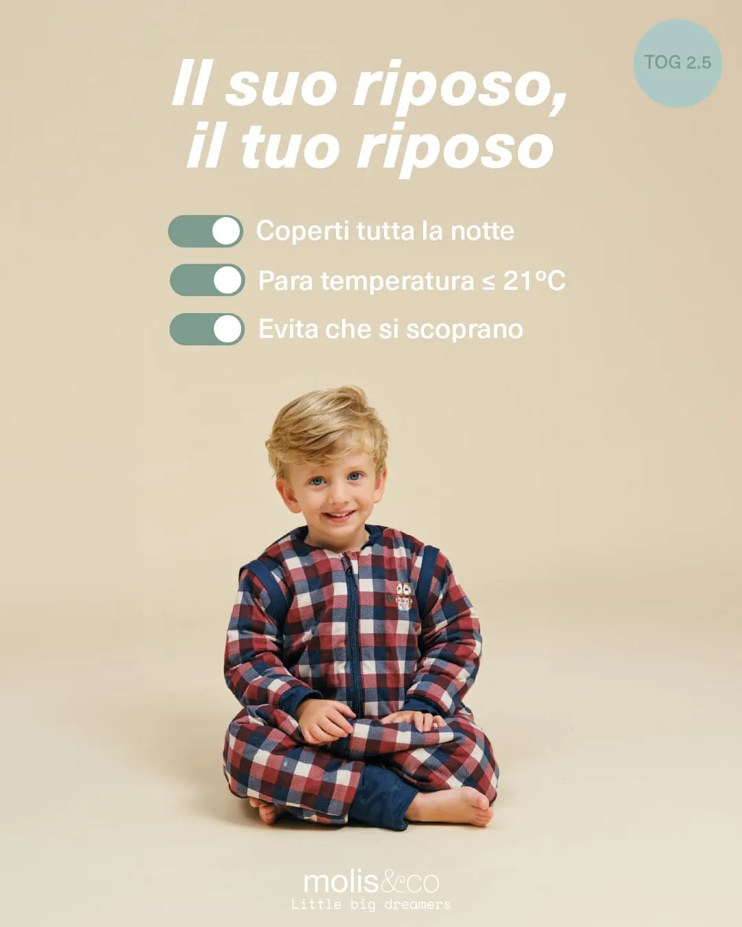 molis&co Sacco Nanna con piedini, maniche staccabili e calzini, 2.5 TOG, 100% Cotone Oeko-TEX 100 (Vichy Red & Blue, 6 mesi) - immagine 5