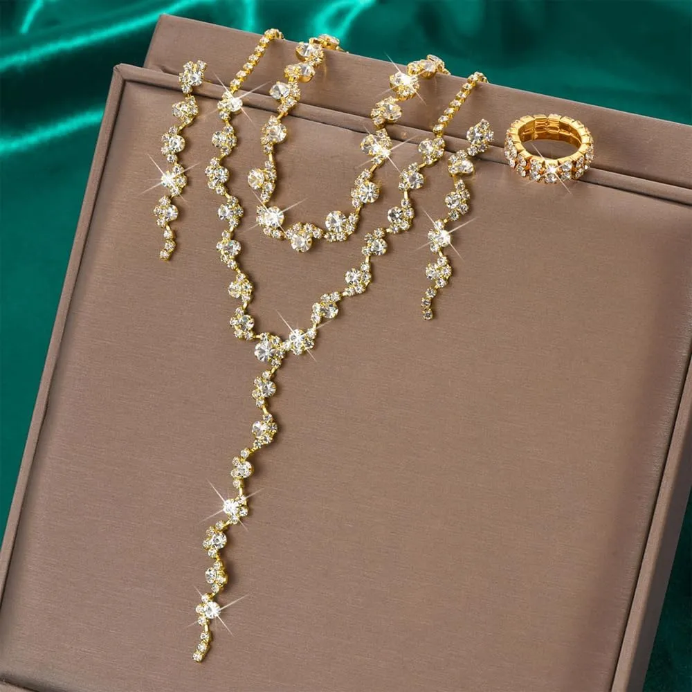 TTPSRY Set di Gioielli Donna con Cristalli, Collana, Orecchini, Bracciale e Anello, Oro - immagine 2