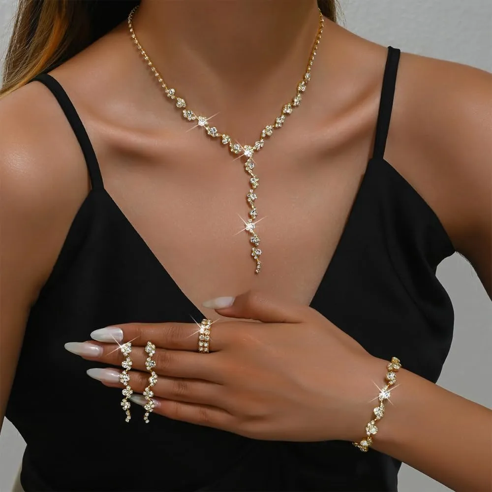 TTPSRY Set di Gioielli Donna con Cristalli, Collana, Orecchini, Bracciale e Anello, Oro - immagine 4