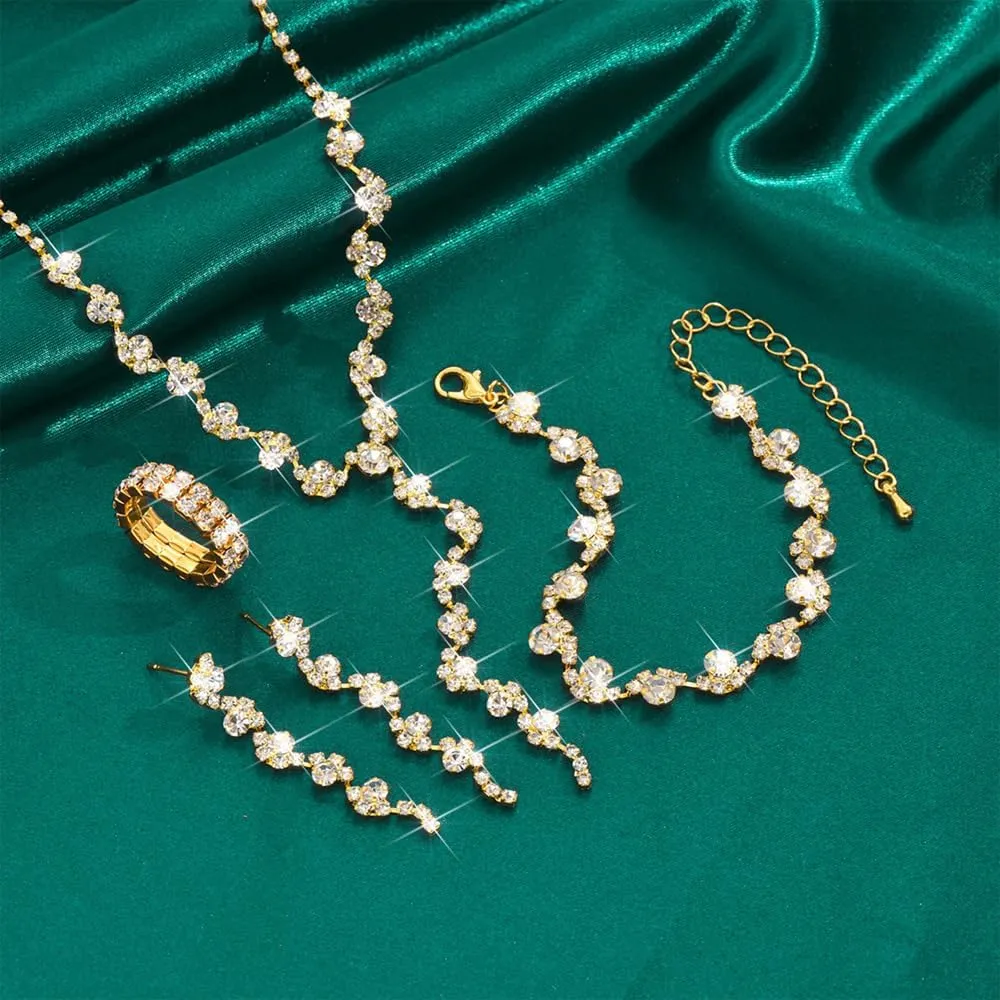 TTPSRY Set di Gioielli Donna con Cristalli, Collana, Orecchini, Bracciale e Anello, Oro - immagine 7