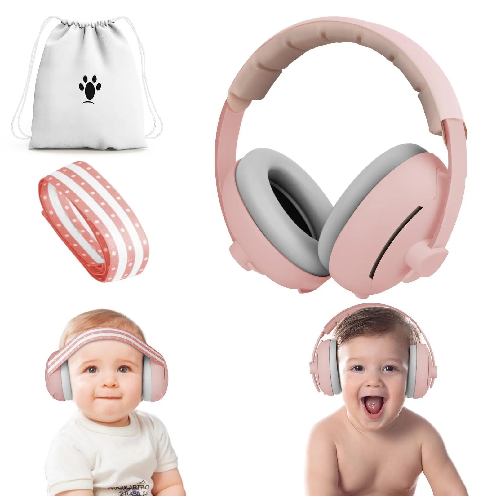 Aolso Cuffie Antirumore per Neonato e Bambini 2 in 1, Archetto Regolabile, Rosa - immagine 1