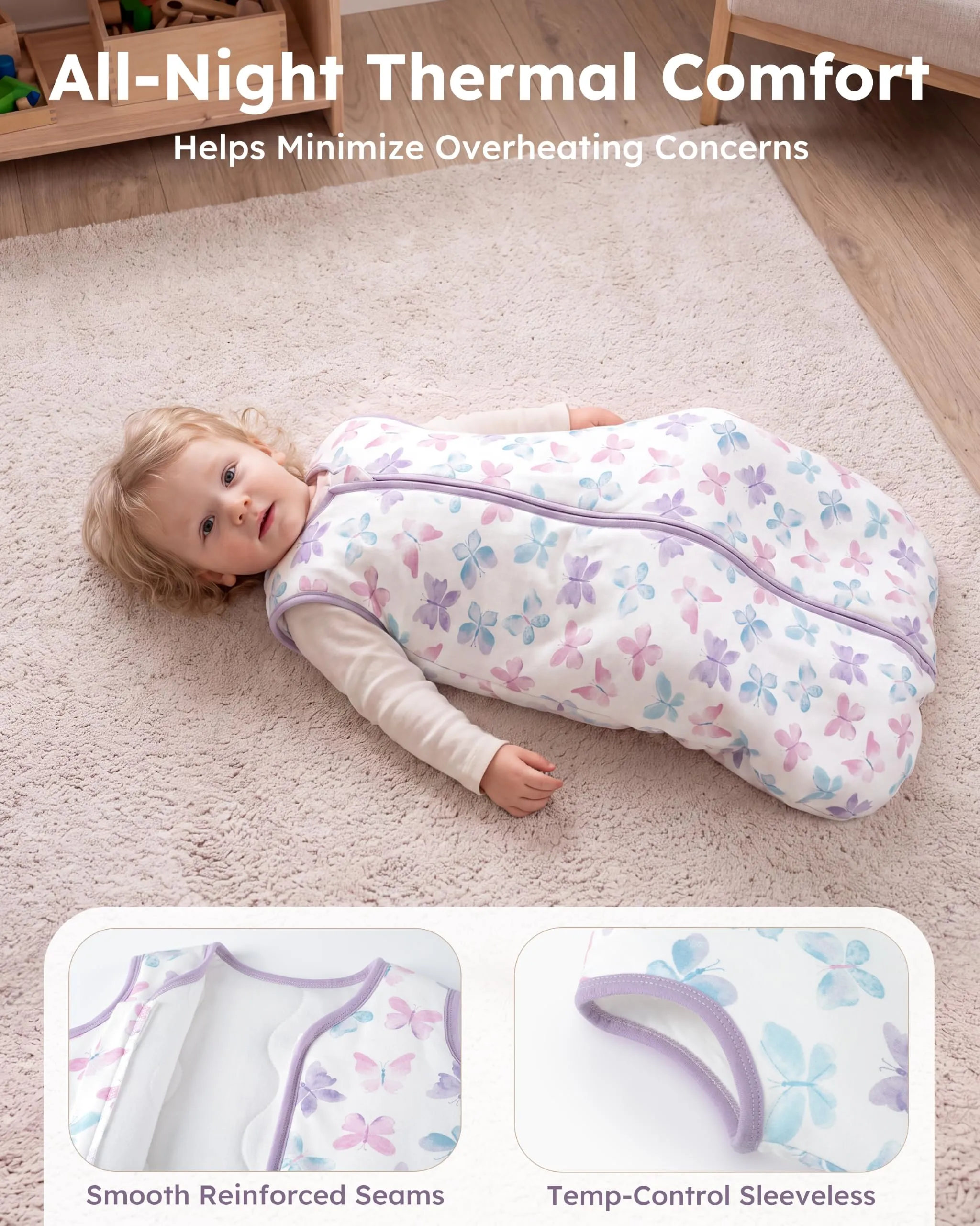 FIEMOL Sacco Nanna Invernale 2.5 tog, 18-24 Mesi, Cotone Traspirante, Farfalla Viola - immagine 4