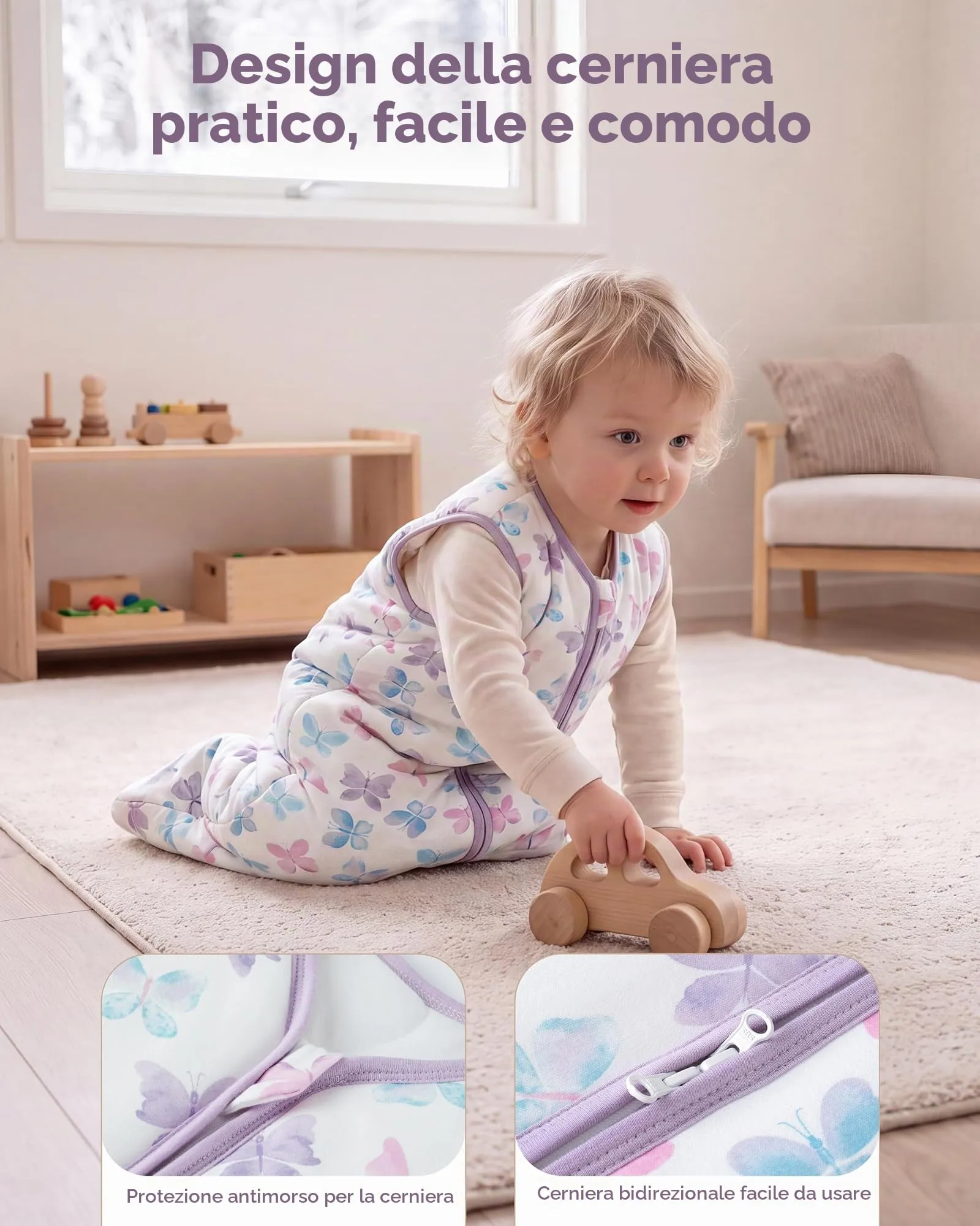 FIEMOL Sacco Nanna Invernale 2.5 tog, 6-12 Mesi, Cotone, Farfalla Viola - immagine 2