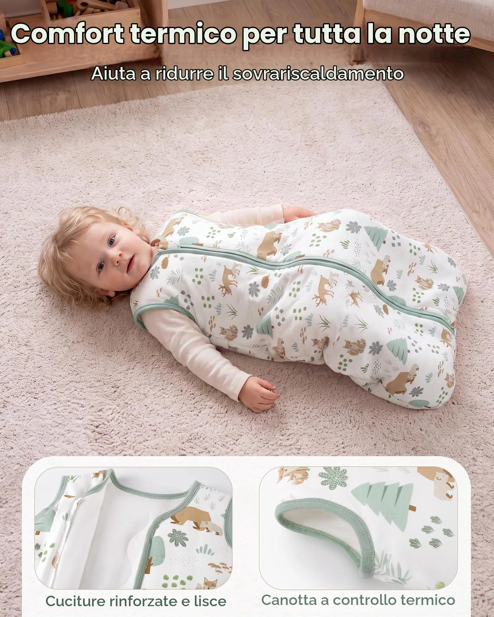 FIEMOL Sacco Nanna Invernale 2.5 tog, 6-12 Mesi, Cotone, Orso Verde - immagine 4