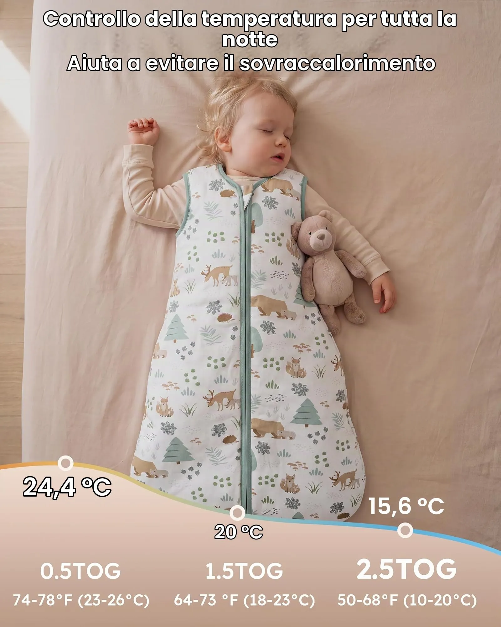 FIEMOL Sacco Nanna Invernale 2.5 tog, 6-12 Mesi, Cotone, Orso Verde - immagine 7