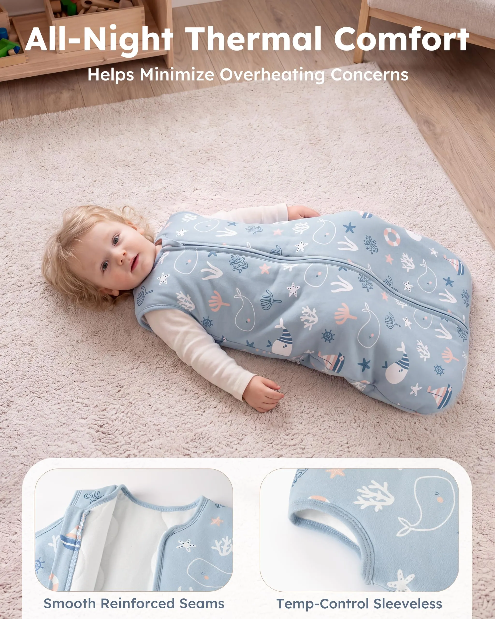 FIEMOL Sacco Nanna Invernale 2.5 tog, 12-18 Mesi, Cotone Traspirante, Balena Blu - immagine 4